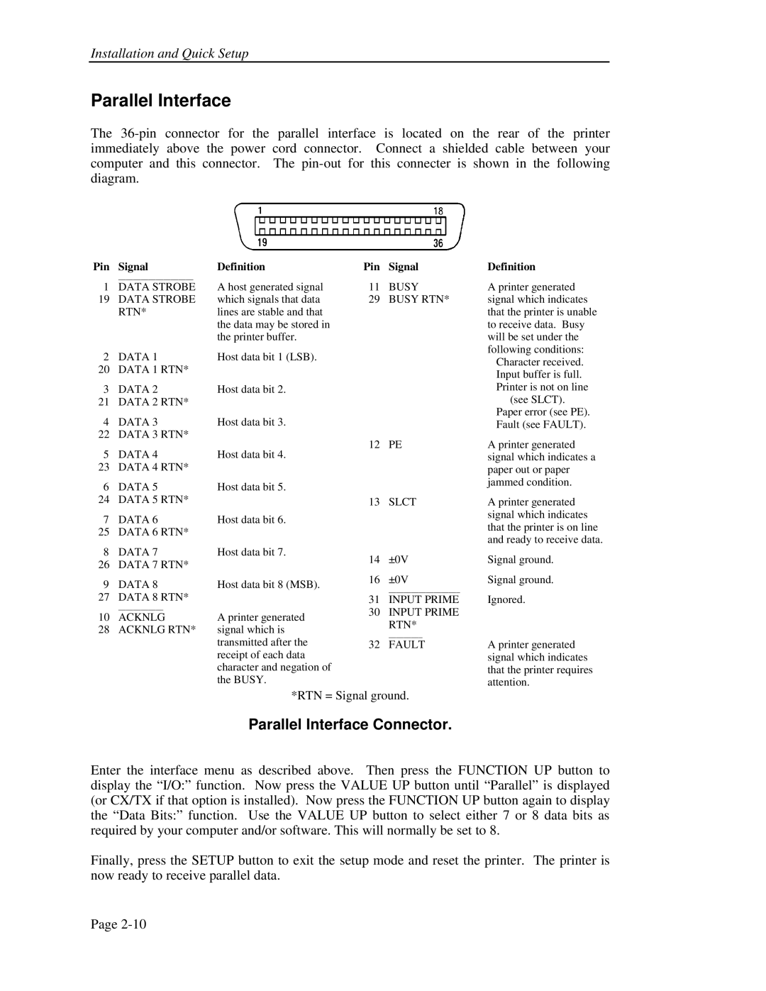 Printek FormsPro 4300, 4500, 4503 operation manual Parallel Interface Connector 