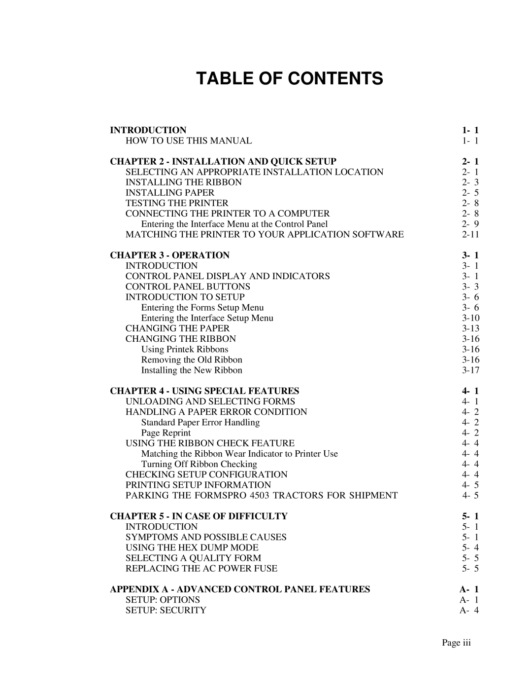 Printek 4500, 4503, FormsPro 4300 operation manual Table of Contents 