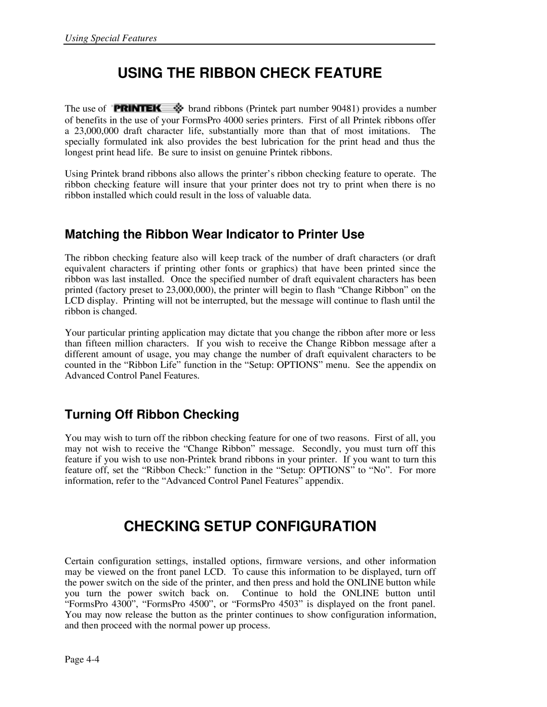 Printek FormsPro 4300 Using the Ribbon Check Feature, Checking Setup Configuration, Turning Off Ribbon Checking 