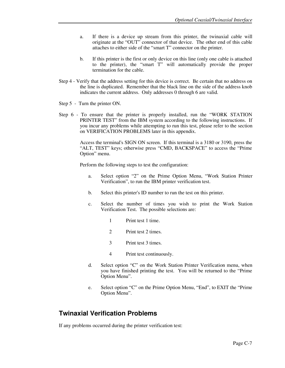 Printek 4500, 4503, FormsPro 4300 operation manual Twinaxial Verification Problems 