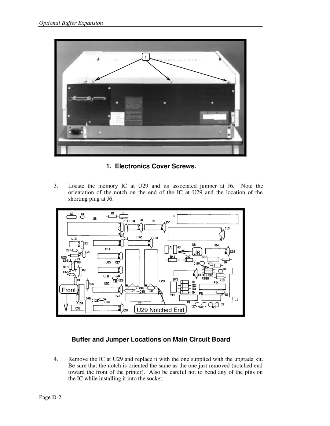 Printek FormsPro 4300, 4500, 4503 Electronics Cover Screws, Buffer and Jumper Locations on Main Circuit Board 