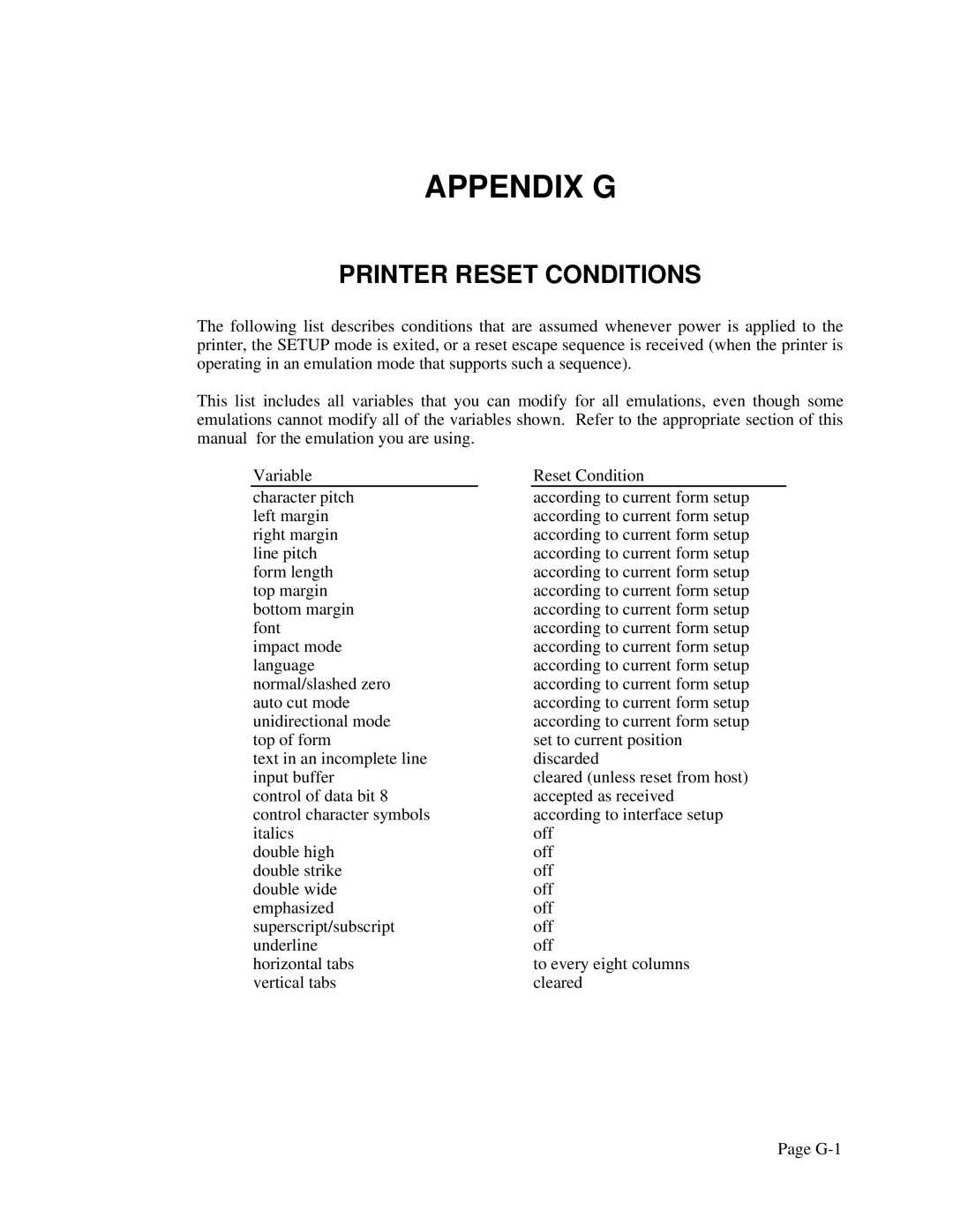 Printek 4500, 4503, FormsPro 4300 operation manual Appendix G, Printer Reset Conditions 