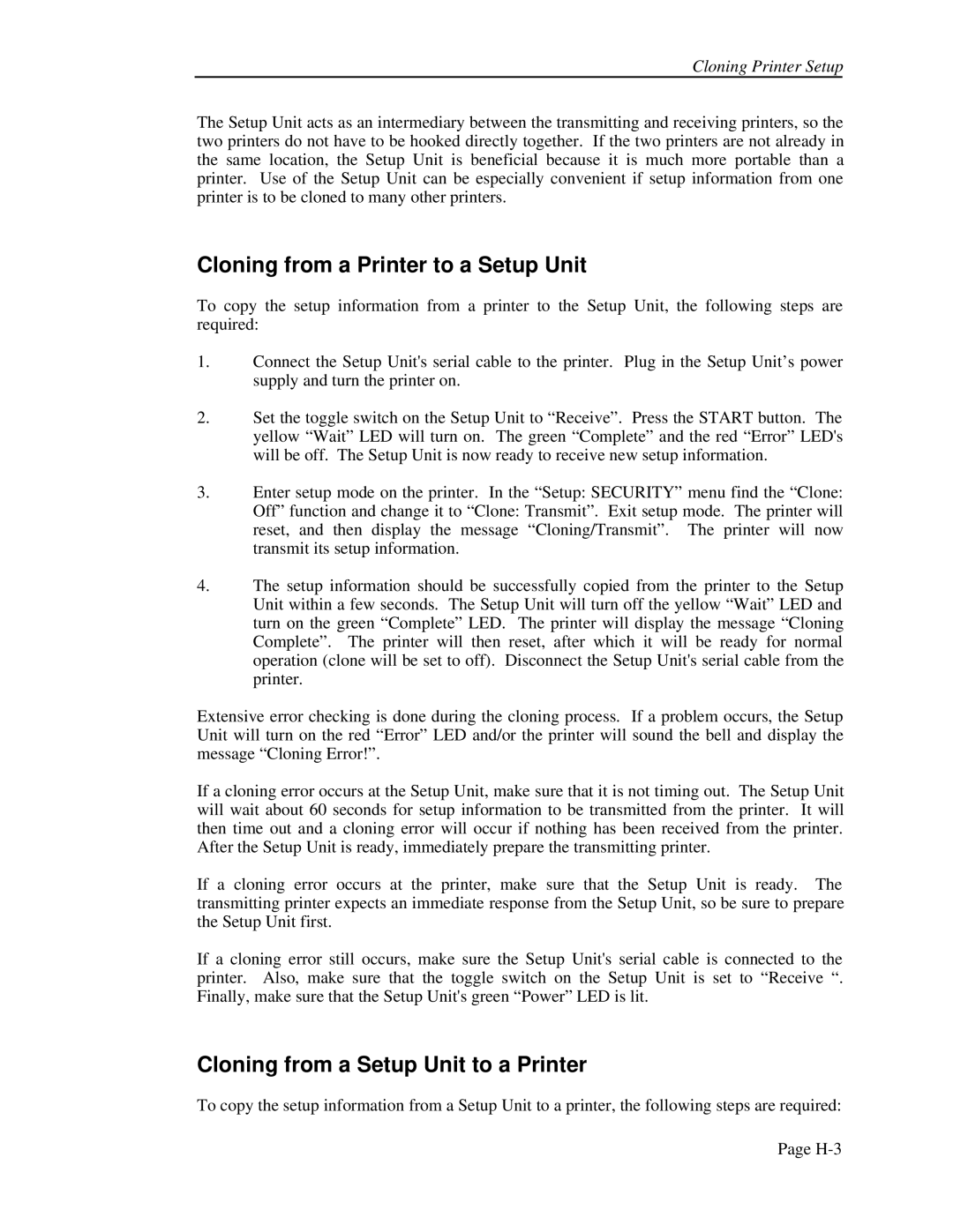 Printek 4500, 4503, FormsPro 4300 Cloning from a Printer to a Setup Unit, Cloning from a Setup Unit to a Printer 