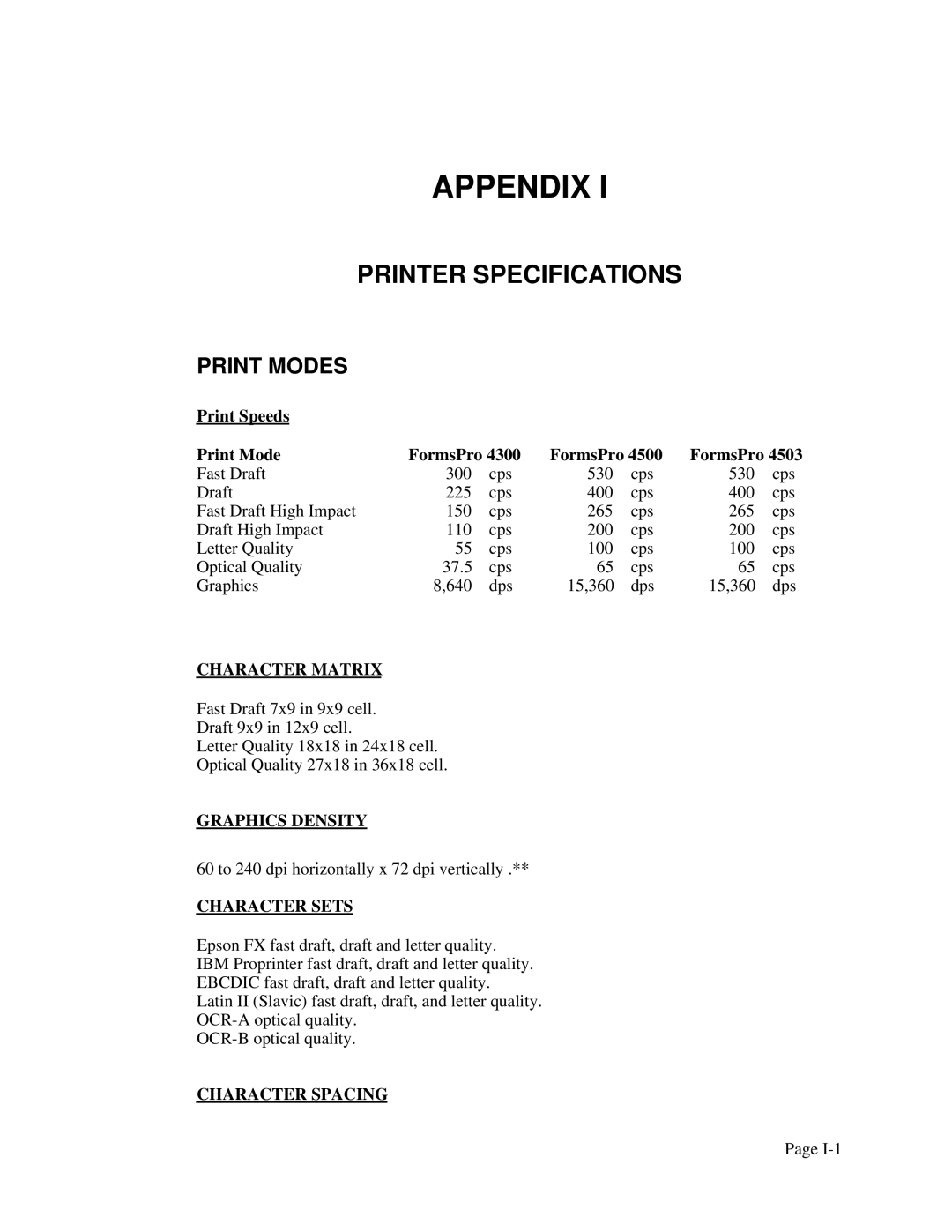 Printek 4500, 4503, FormsPro 4300 operation manual Appendix, Printer Specifications 