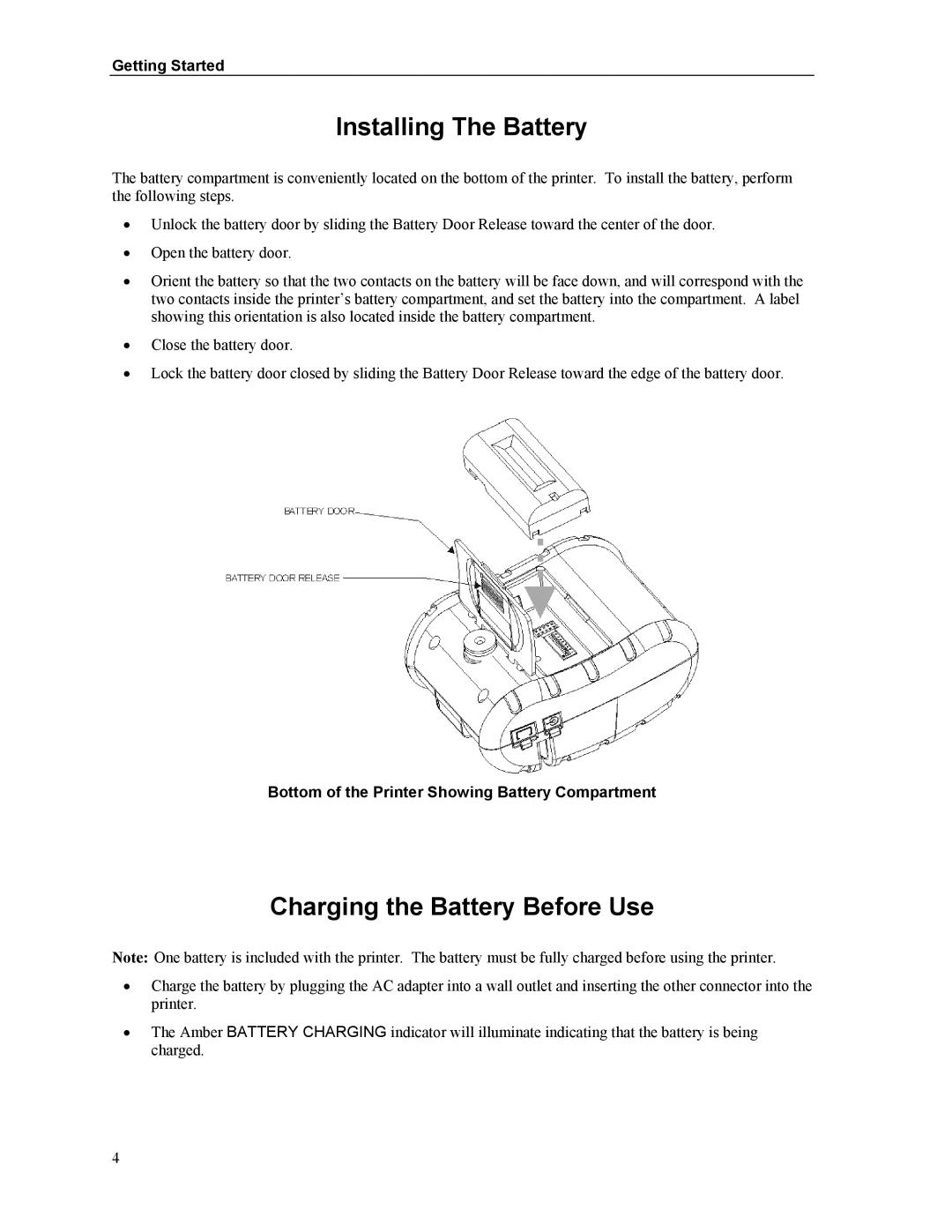 Printek Mt2 Series manual Installing The Battery, Charging the Battery Before Use, Getting Started 