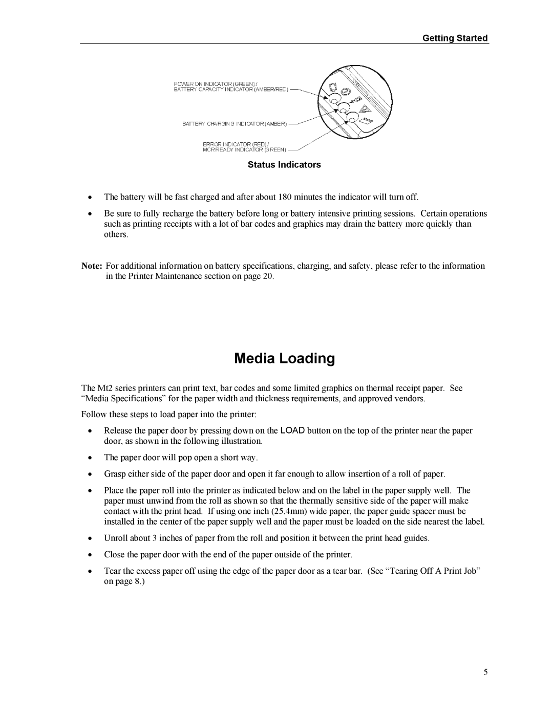 Printek Mt2 Series manual Media Loading, Getting Started Status Indicators 