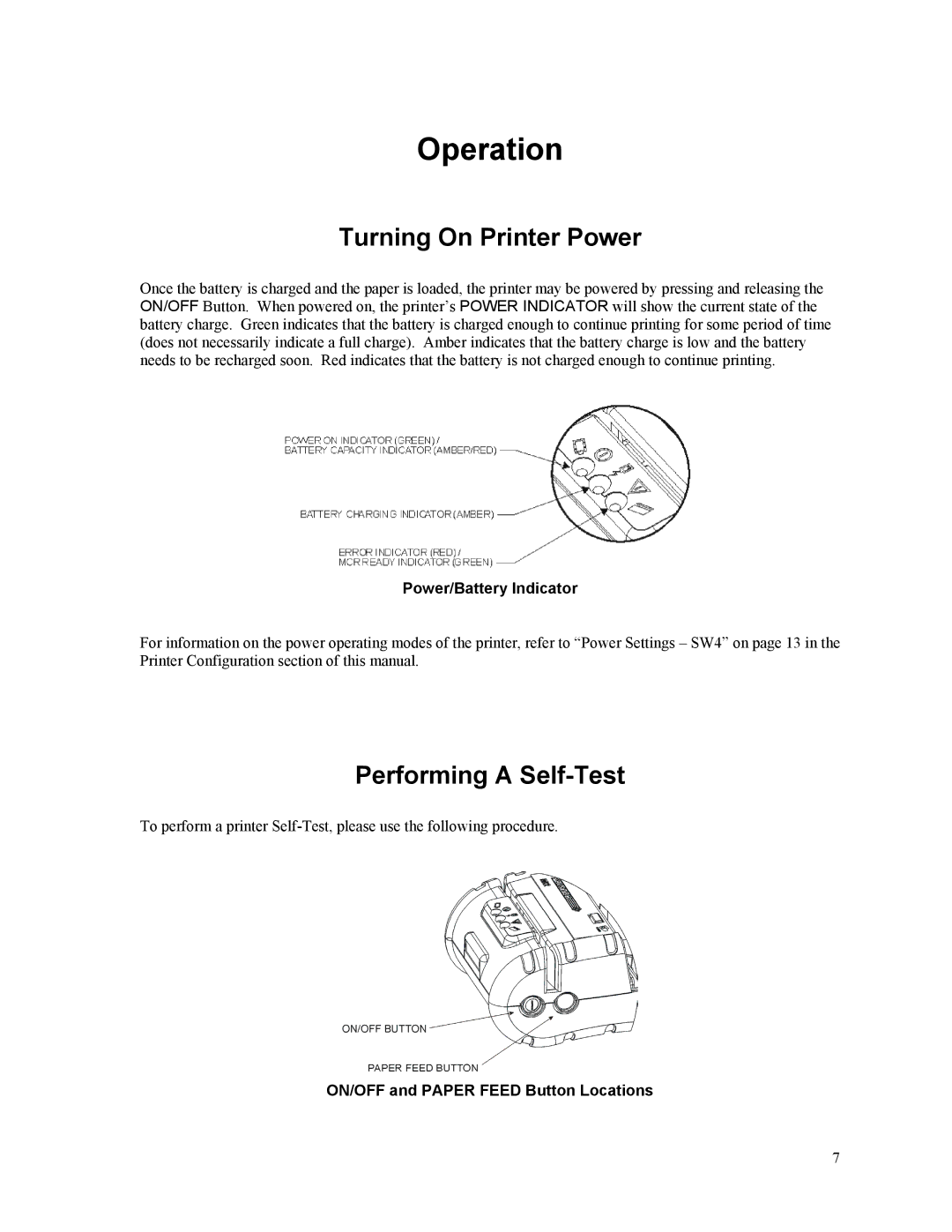 Printek Mt2 Series manual Operation, Turning On Printer Power, Performing a Self-Test, Power/Battery Indicator 