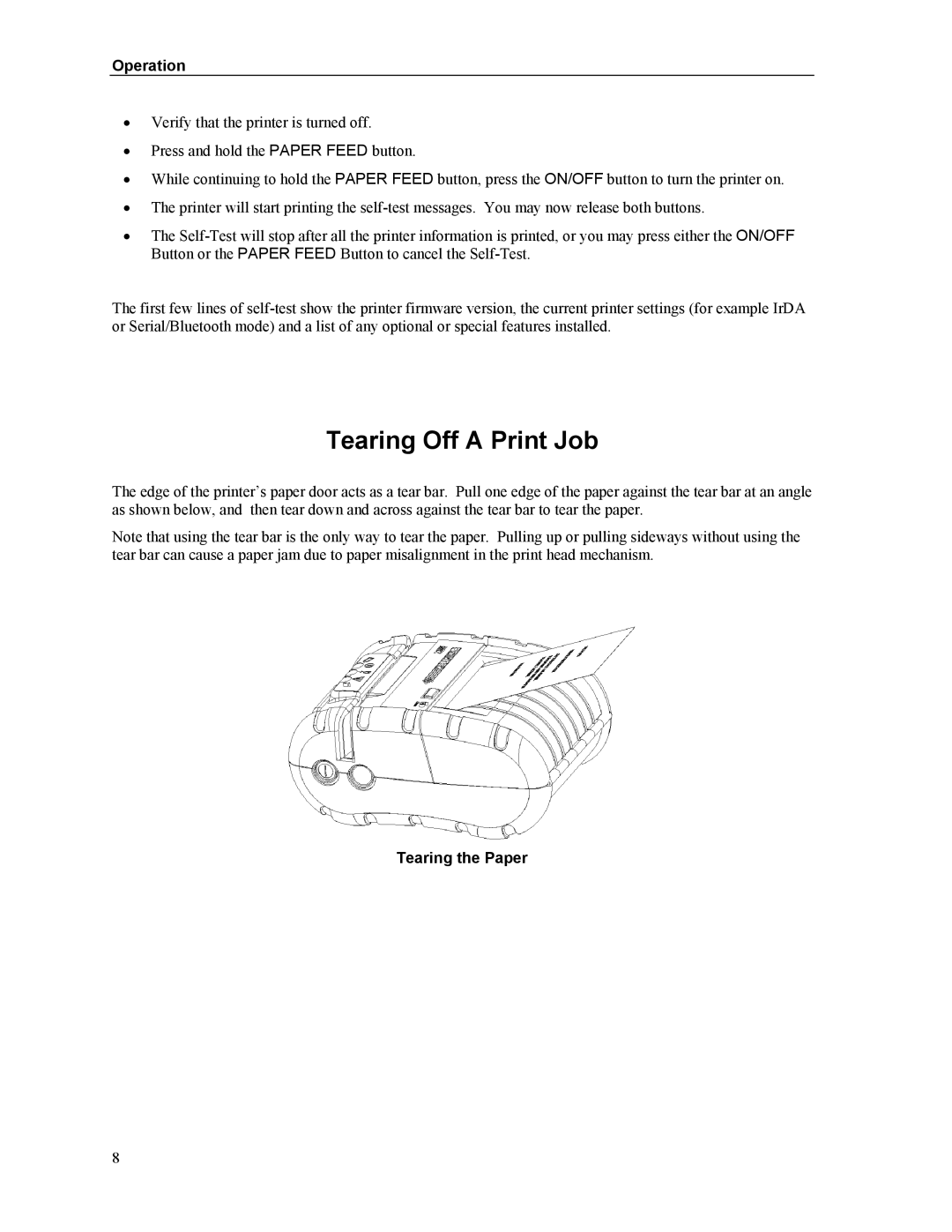 Printek Mt2 Series manual Tearing Off a Print Job, Operation, Tearing the Paper 