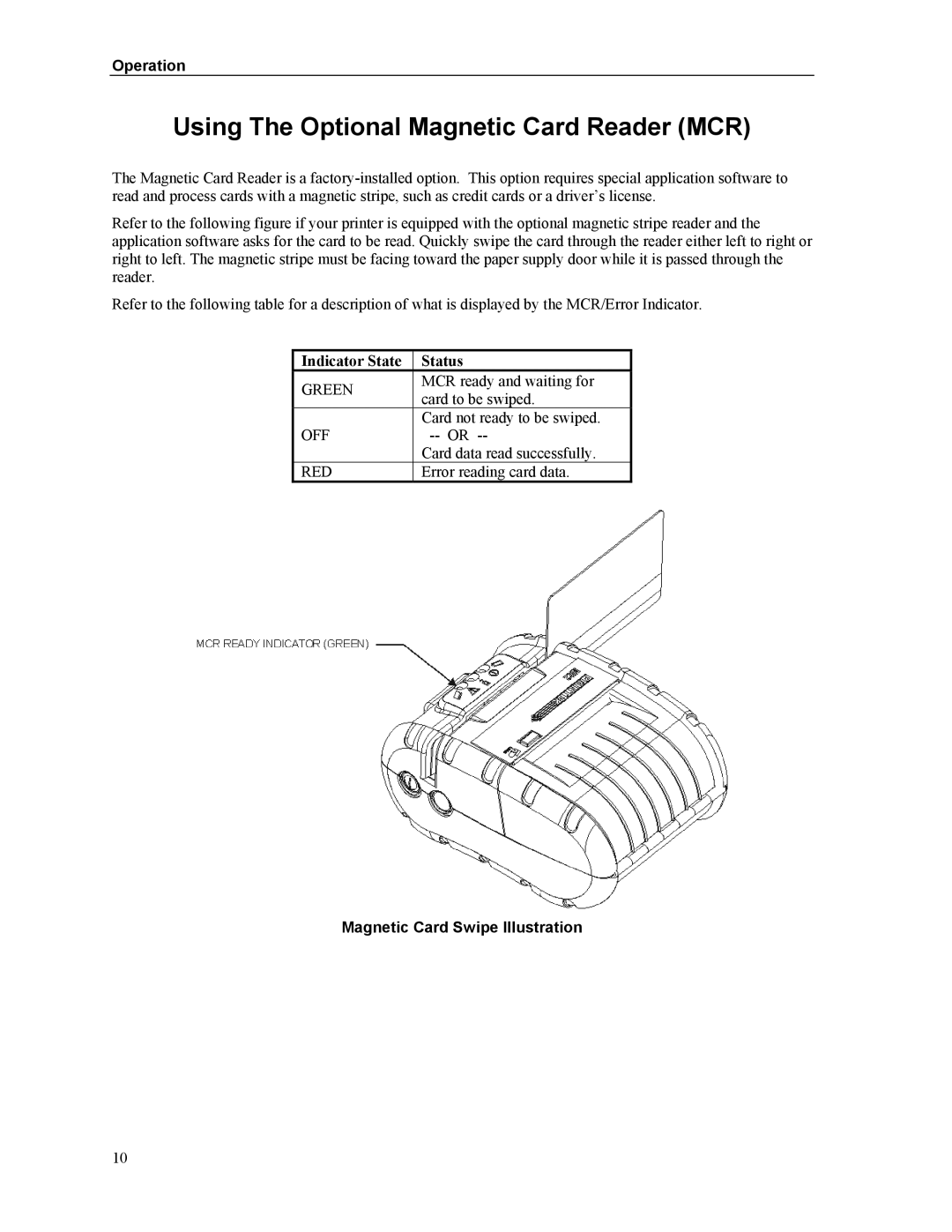 Printek Mt2 Series Using The Optional Magnetic Card Reader MCR, Indicator State Status, Magnetic Card Swipe Illustration 