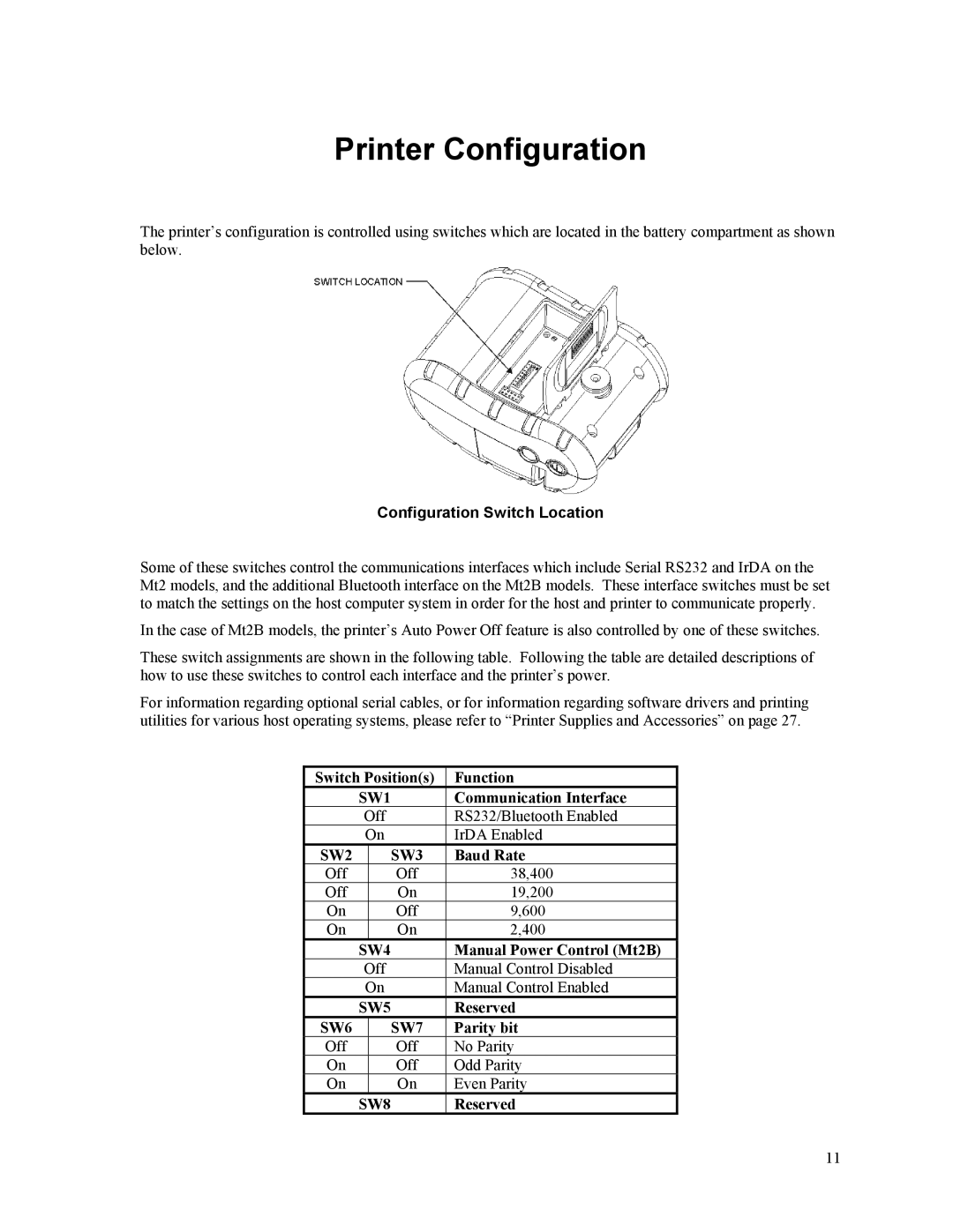 Printek Mt2 Series manual Printer Configuration, Configuration Switch Location 