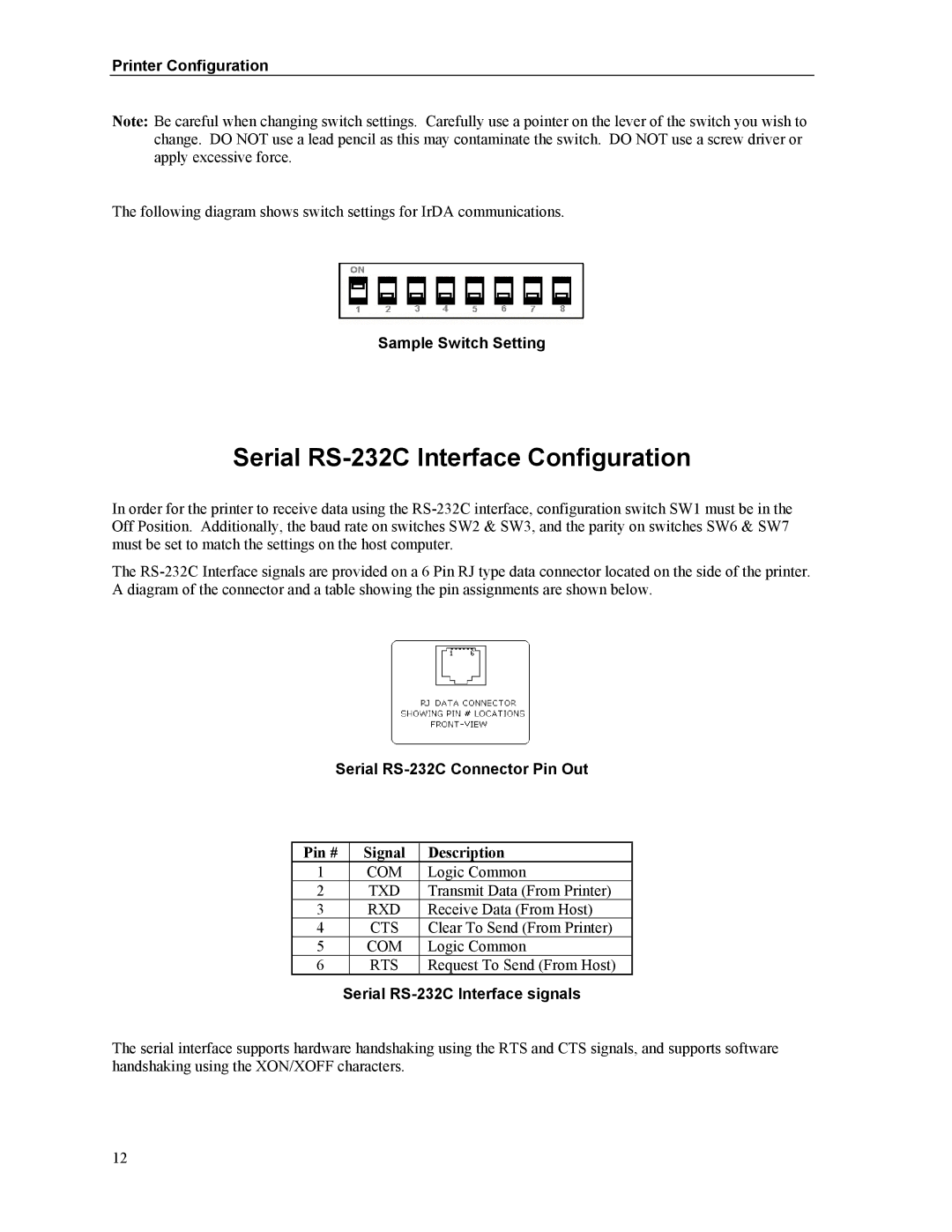 Printek Mt2 Series manual Serial RS-232C Interface Configuration, Printer Configuration, Sample Switch Setting 