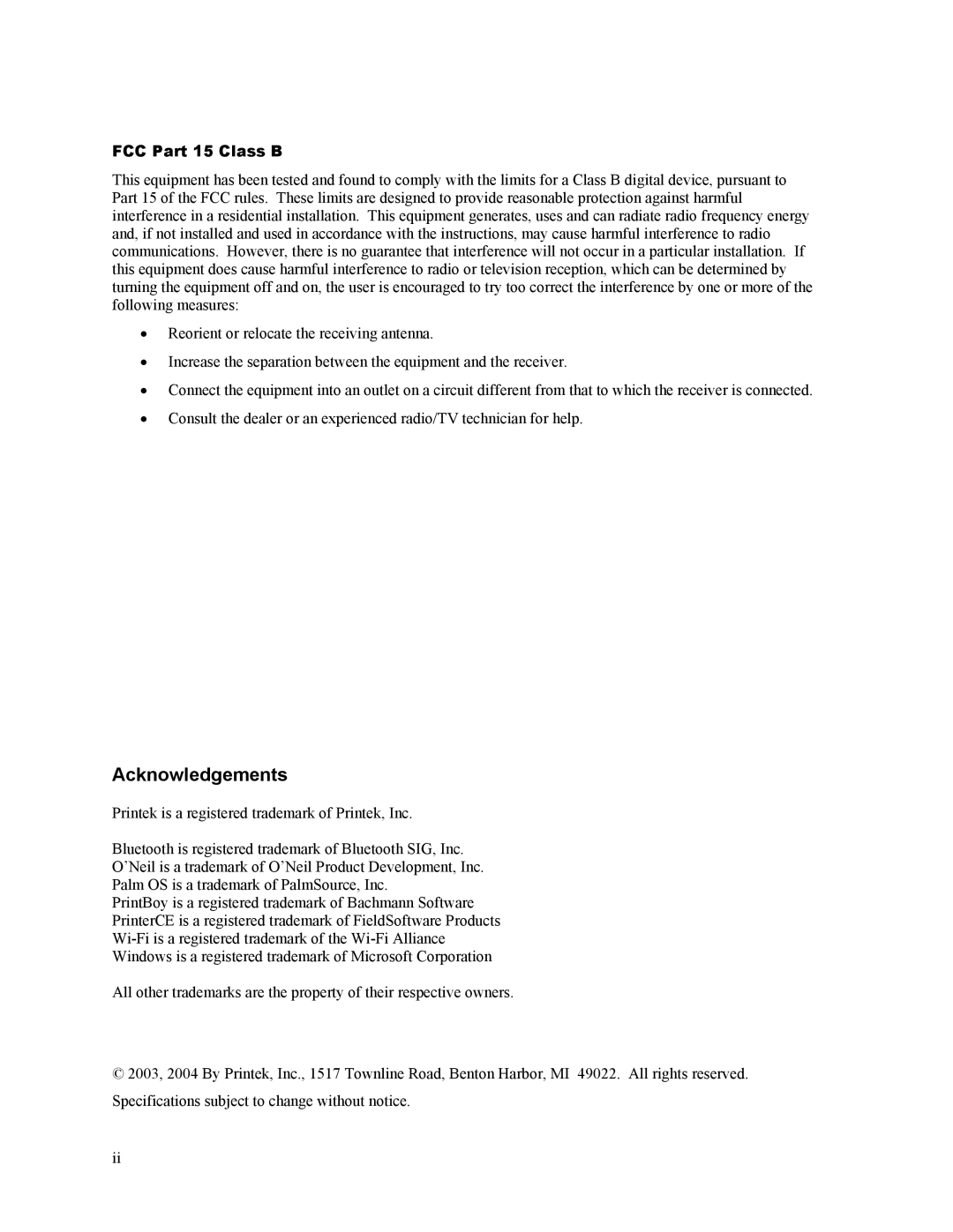 Printek Mt2 Series manual Acknowledgements, FCC Part 15 Class B 