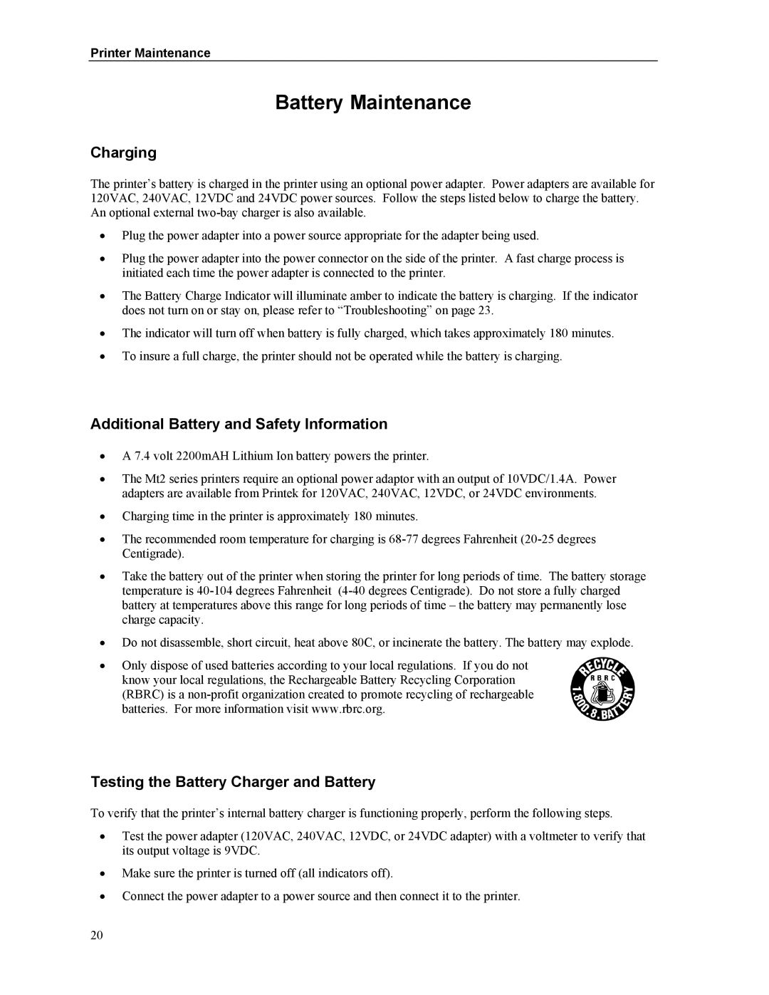 Printek Mt2 Series manual Battery Maintenance, Printer Maintenance 