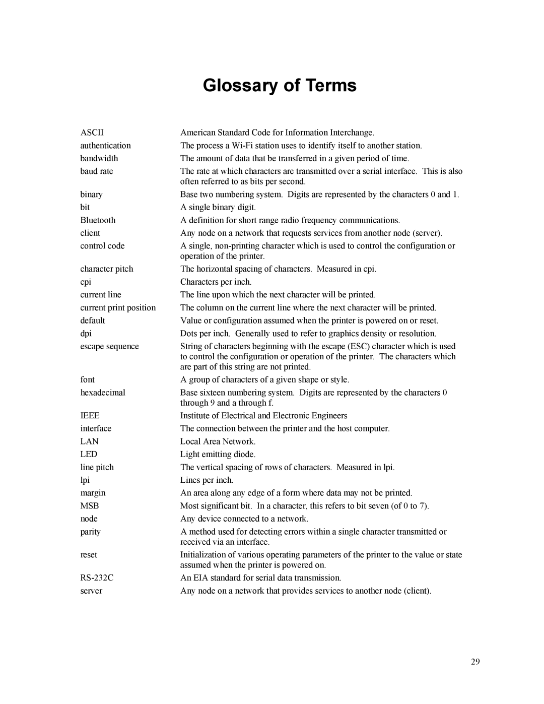 Printek Mt2 Series manual Glossary of Terms, Ascii 