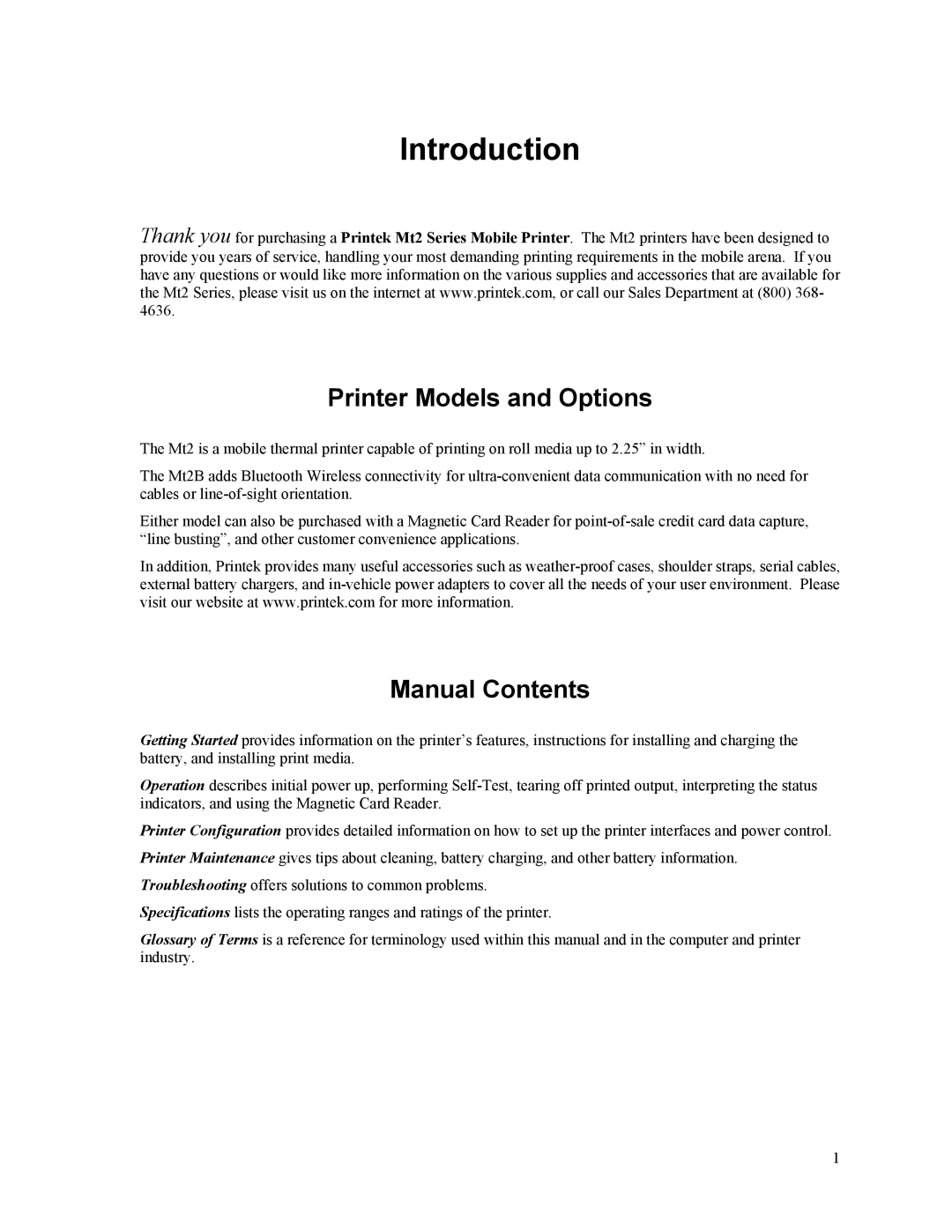 Printek Mt2 Series manual Introduction, Printer Models and Options, Manual Contents 