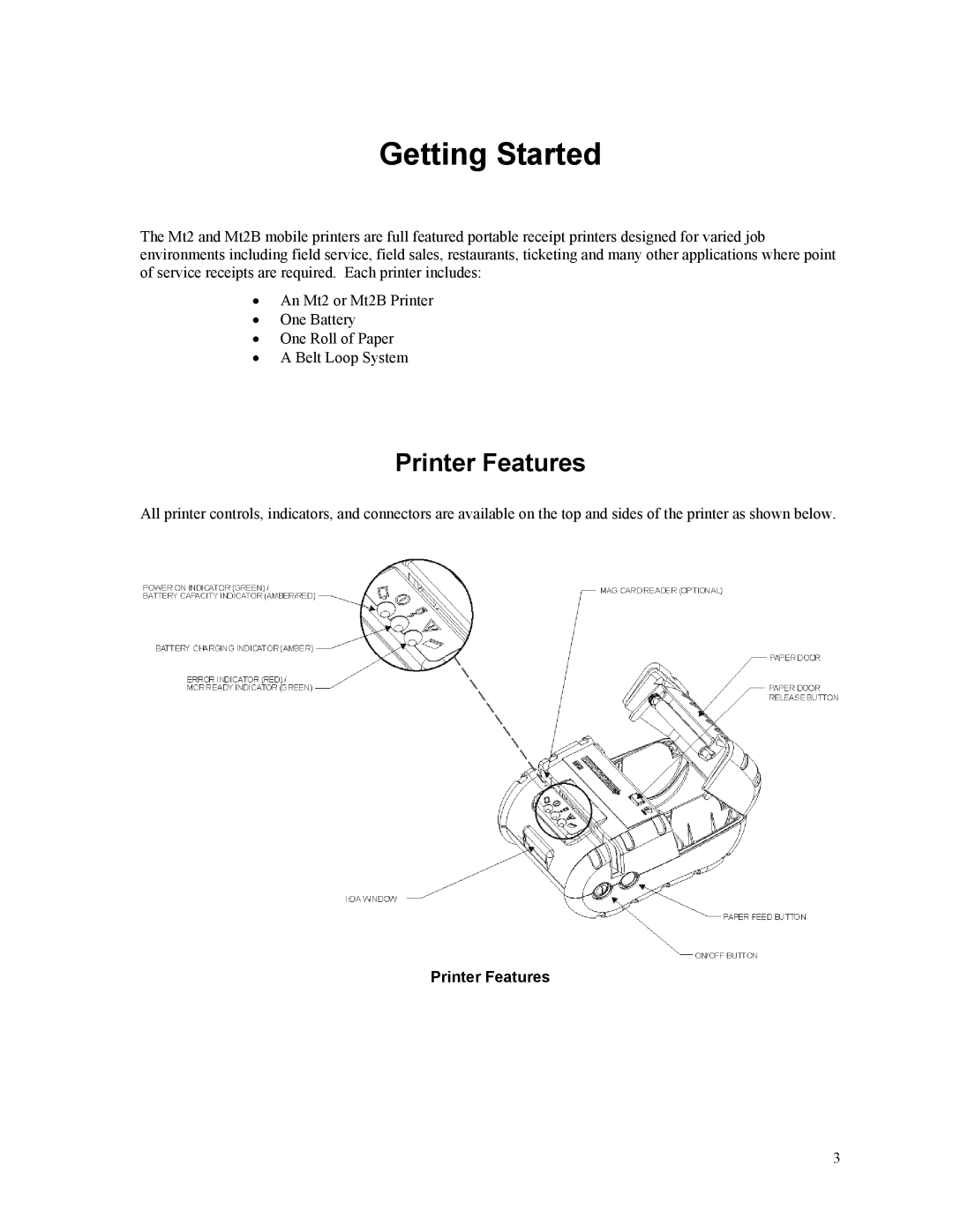 Printek Mt2 Series manual Getting Started, Printer Features 