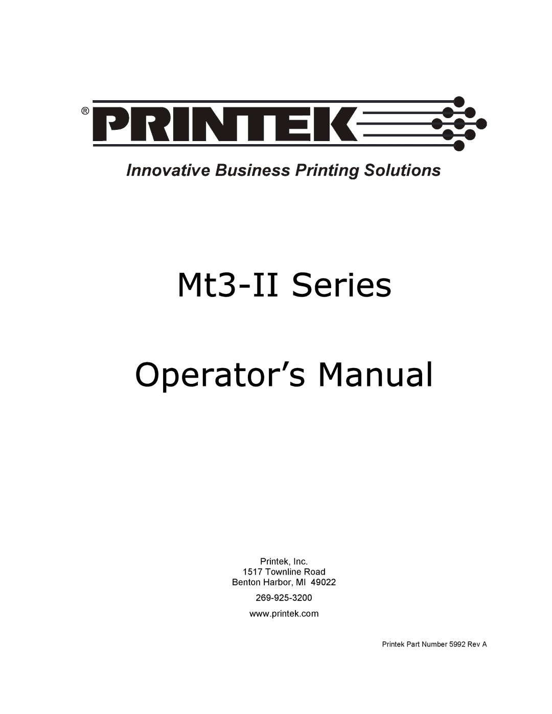 Printek manual Mt3-II Series Operator’s Manual 