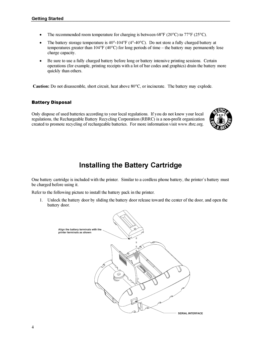 Printek Mt3-II manual Installing the Battery Cartridge, Getting Started 