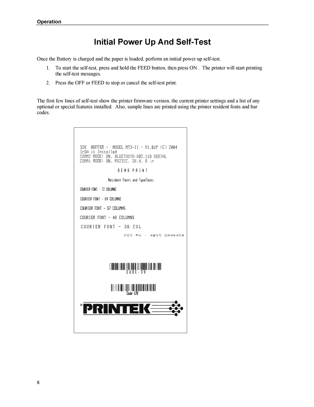 Printek Mt3-II manual Initial Power Up And Self-Test 