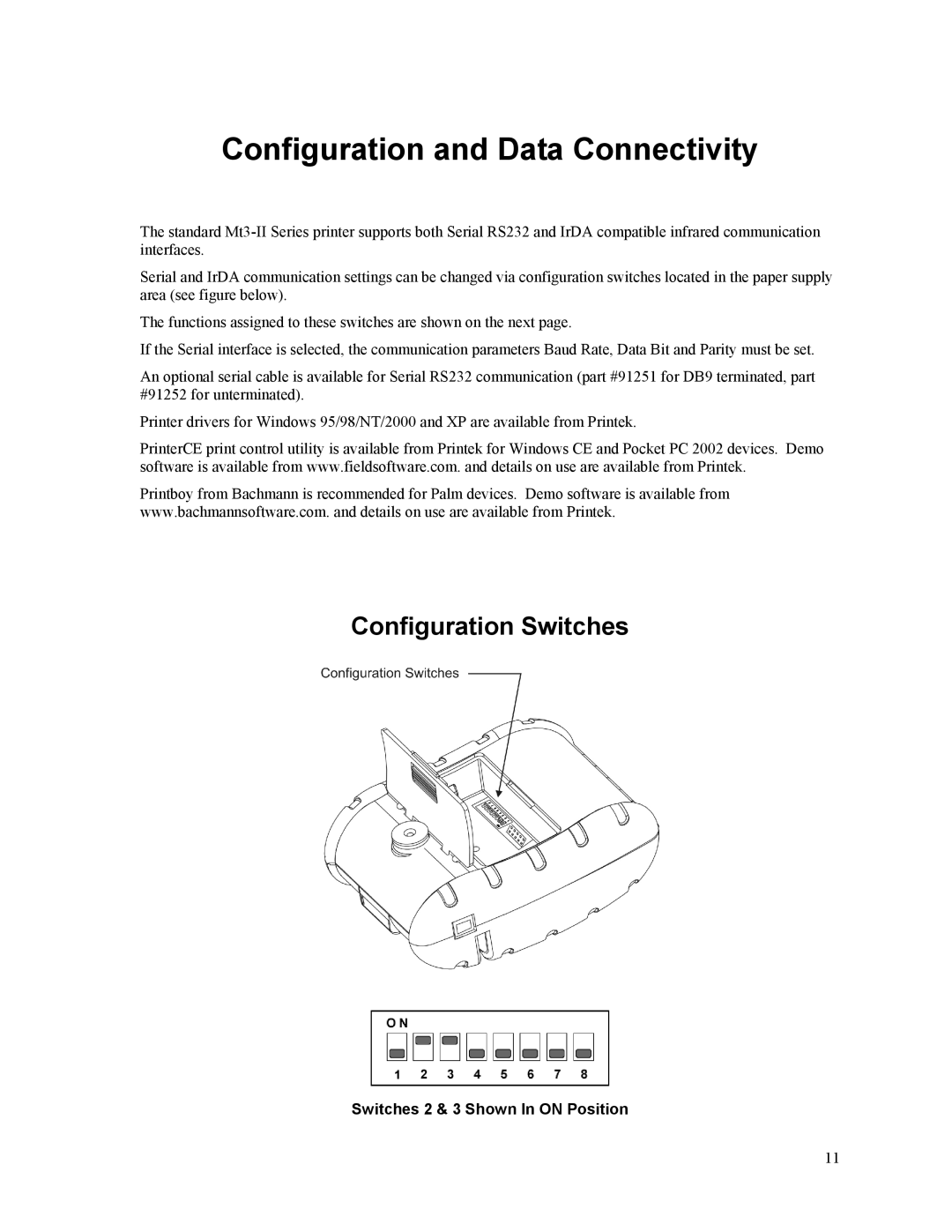 Printek Mt3-II manual Configuration and Data Connectivity, Configuration Switches 