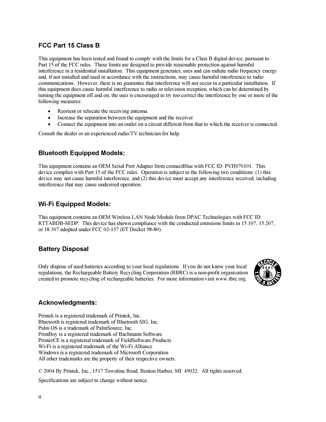 Printek Mt3-II FCC Part 15 Class B, Bluetooth Equipped Models, Wi-Fi Equipped Models, Battery Disposal Acknowledgments 