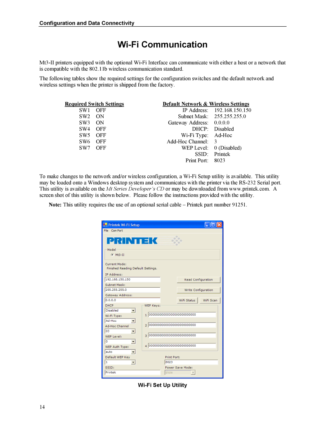 Printek Mt3-II manual Wi-Fi Communication, Required Switch Settings Default Network & Wireless Settings 