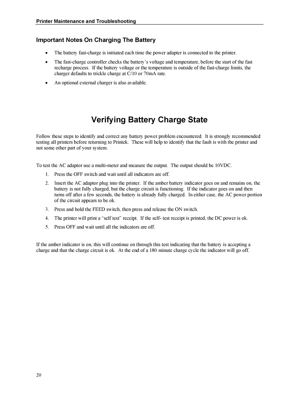 Printek Mt3-II manual Verifying Battery Charge State, Important Notes On Charging The Battery 