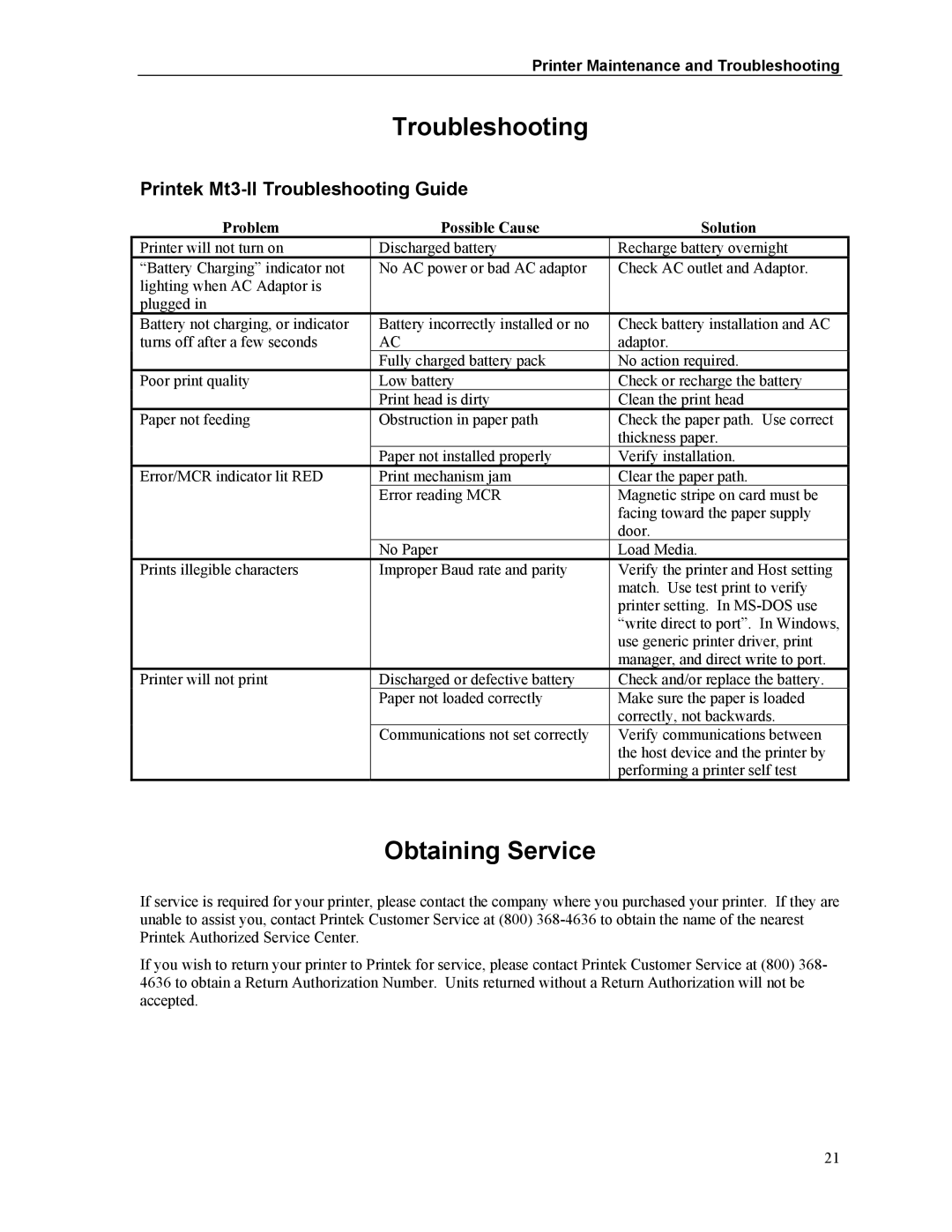 Printek manual Obtaining Service, Printek Mt3-II Troubleshooting Guide, Problem Possible Cause Solution 