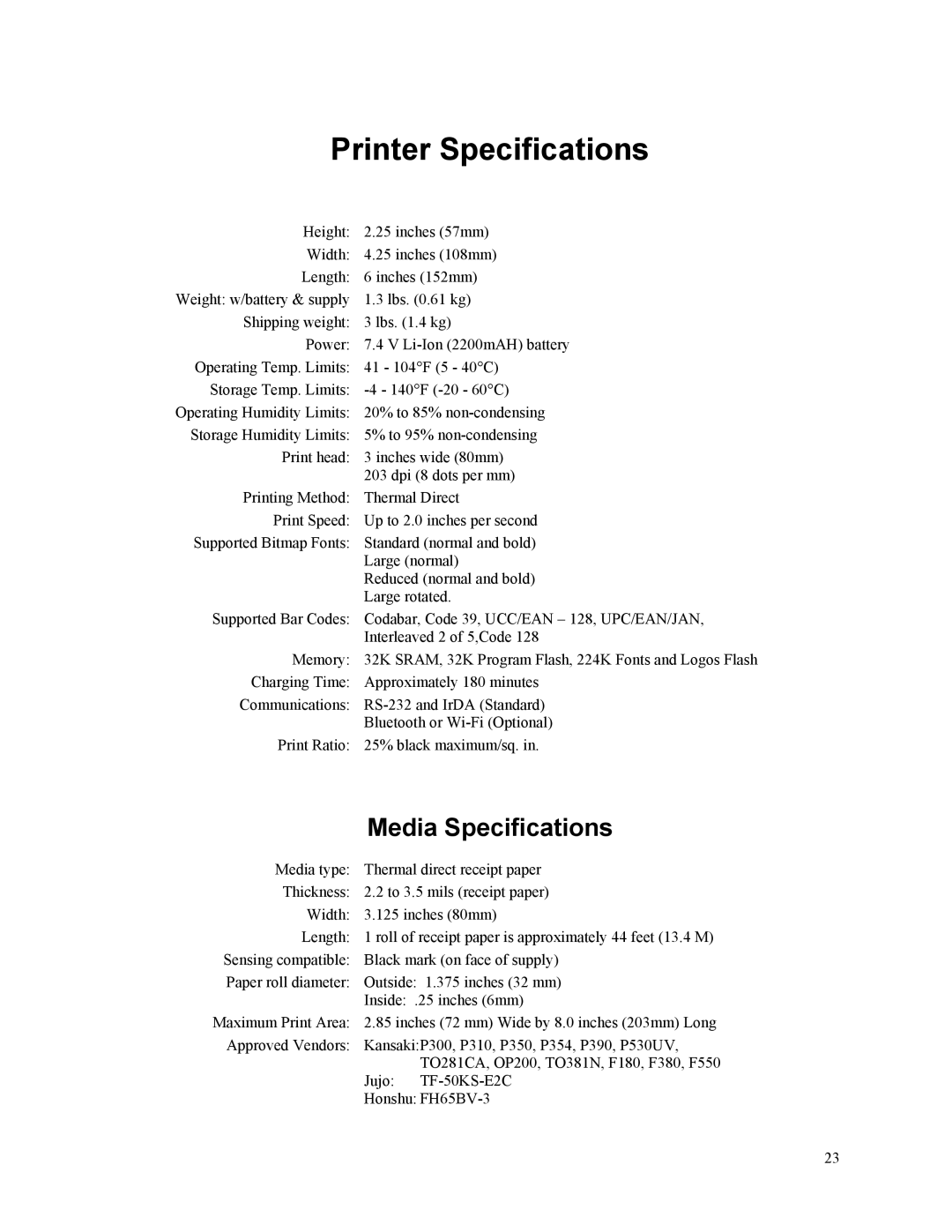 Printek Mt3-II manual Printer Specifications, Media Specifications 