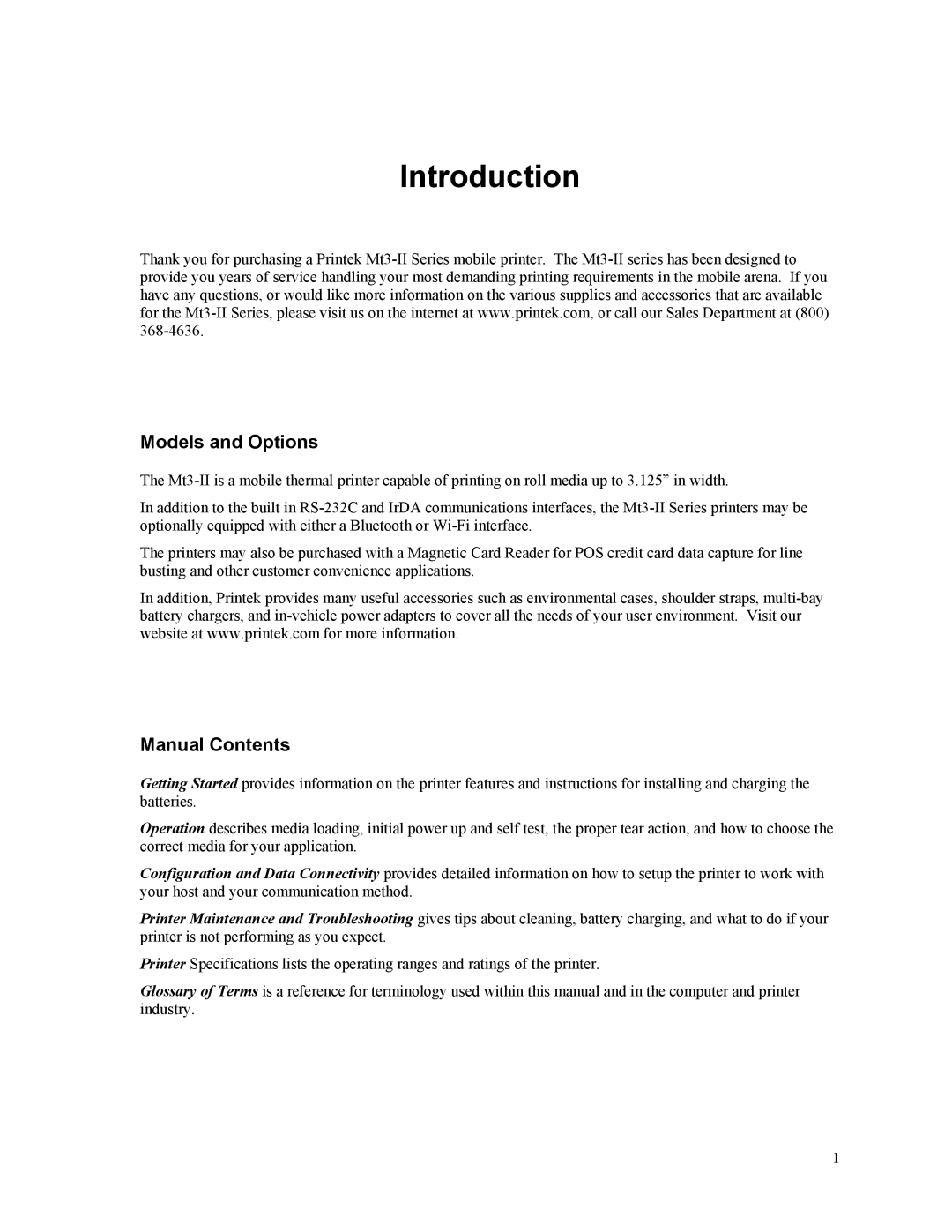 Printek Mt3-II manual Introduction, Models and Options, Manual Contents 