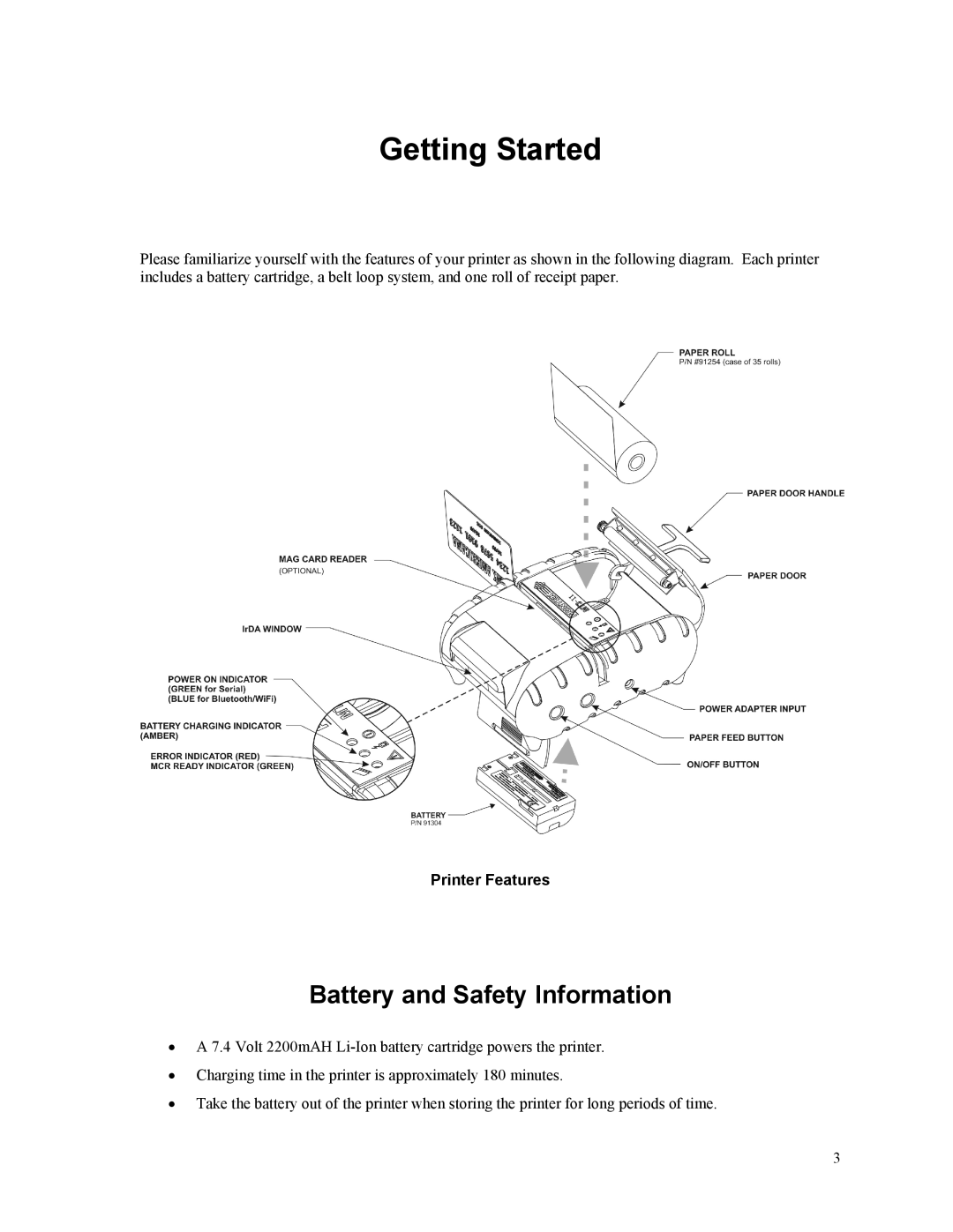 Printek Mt3-II manual Getting Started, Battery and Safety Information 