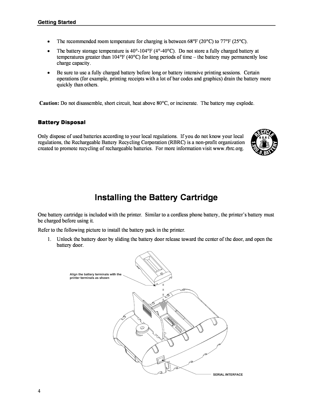 Printek Mt3-II manual Installing the Battery Cartridge, Getting Started, Battery Disposal 