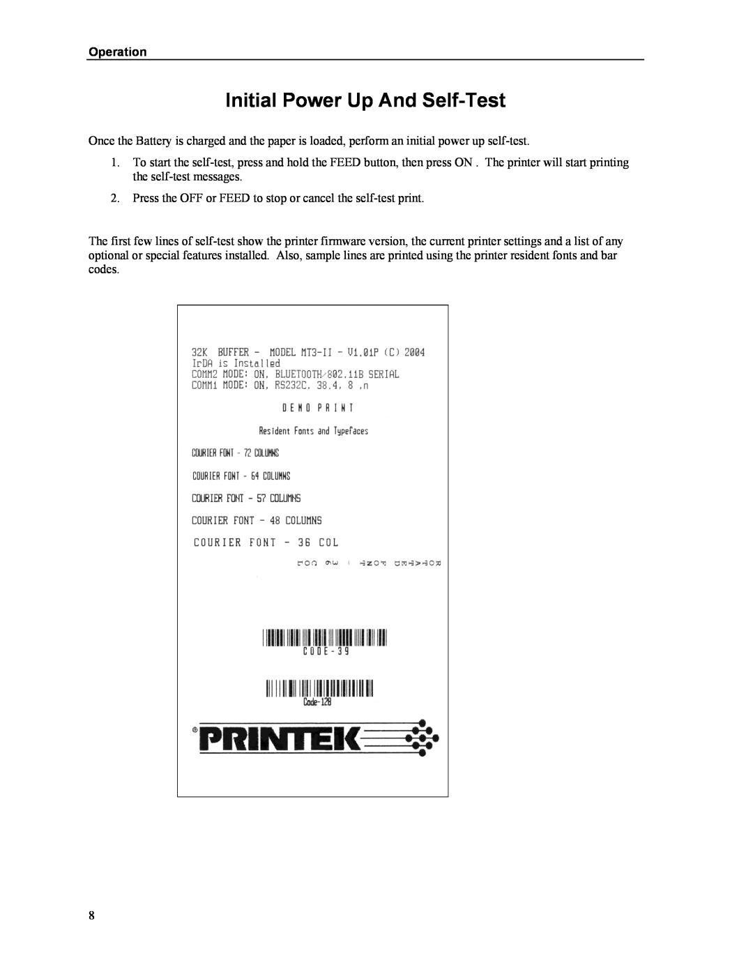 Printek Mt3-II manual Initial Power Up And Self-Test, Operation 