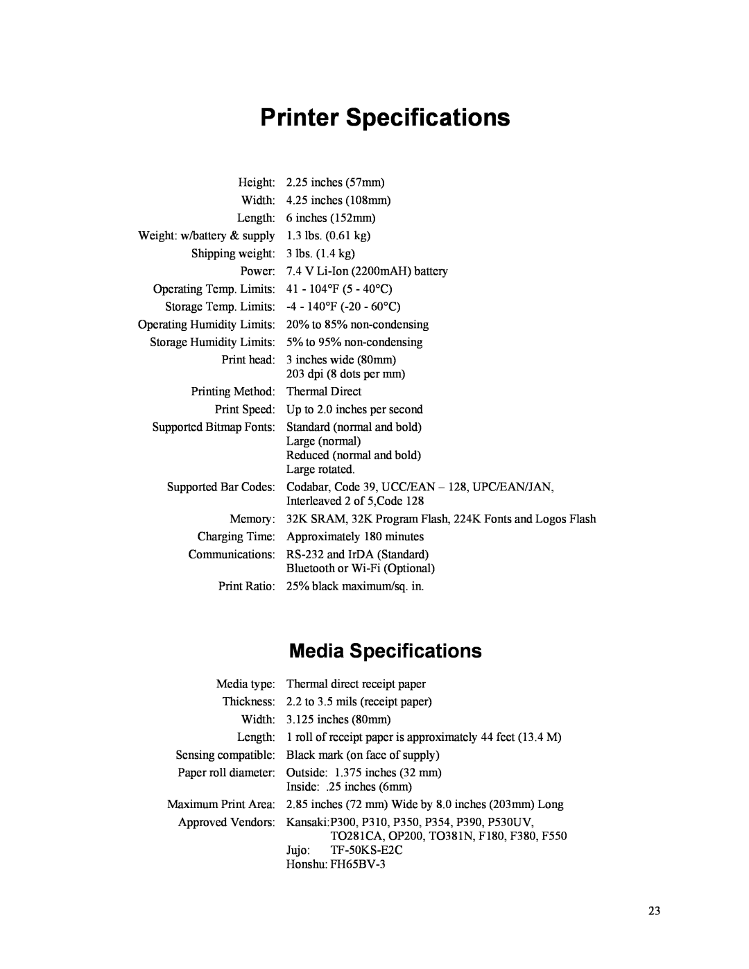 Printek Mt3-II manual Printer Specifications, Media Specifications 