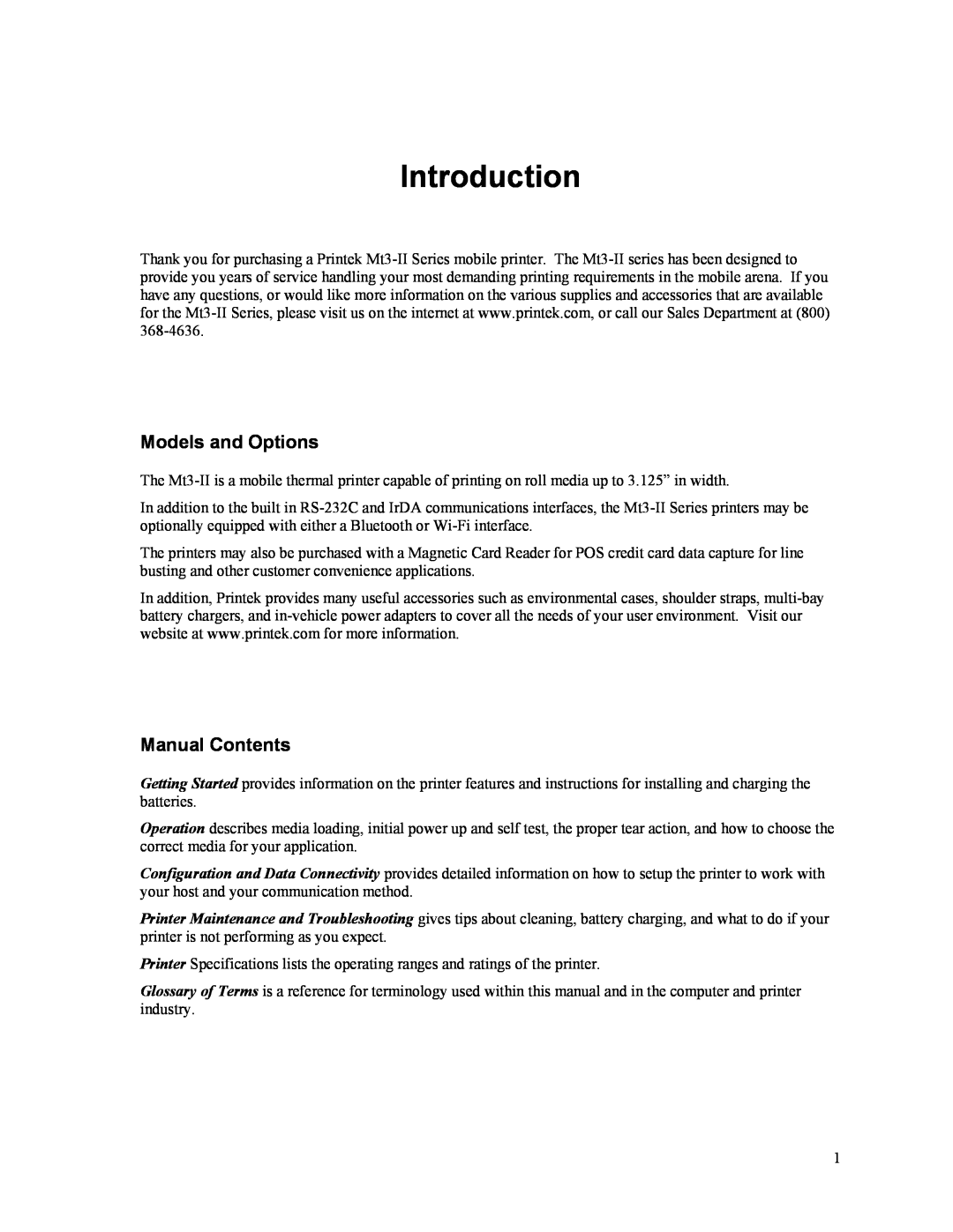 Printek Mt3-II manual Introduction, Models and Options, Manual Contents 
