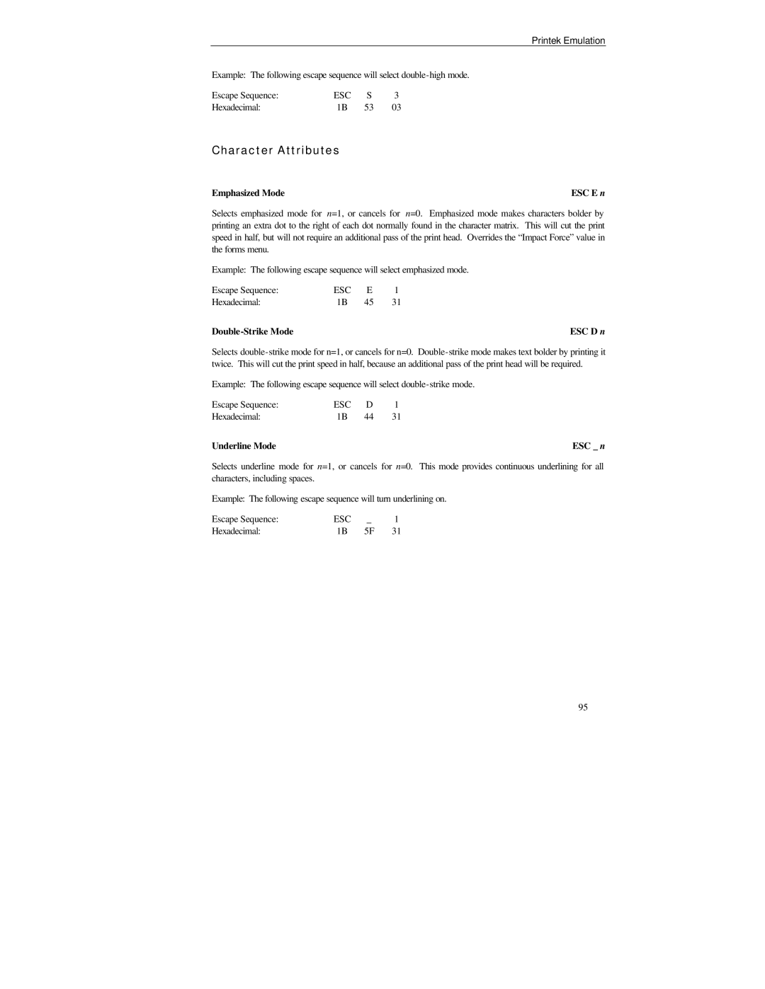 Printek FormsMaster 8000se Series, PrintMaster 850 Series manual Emphasized Mode, Double-Strike Mode, Underline Mode 