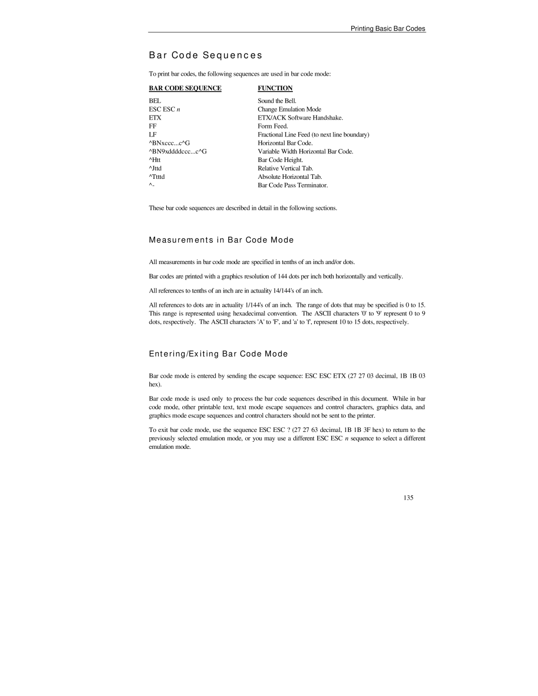 Printek PrintMaster 850 Series Measurements in Bar Code Mode, Entering/Exiting Bar Code Mode, BAR Code Sequence Function 