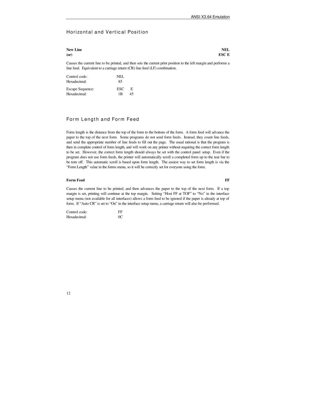 Printek PrintMaster 850 Series manual Horizontal and Vertical Position, Form Length and Form Feed, New Line, Nel 