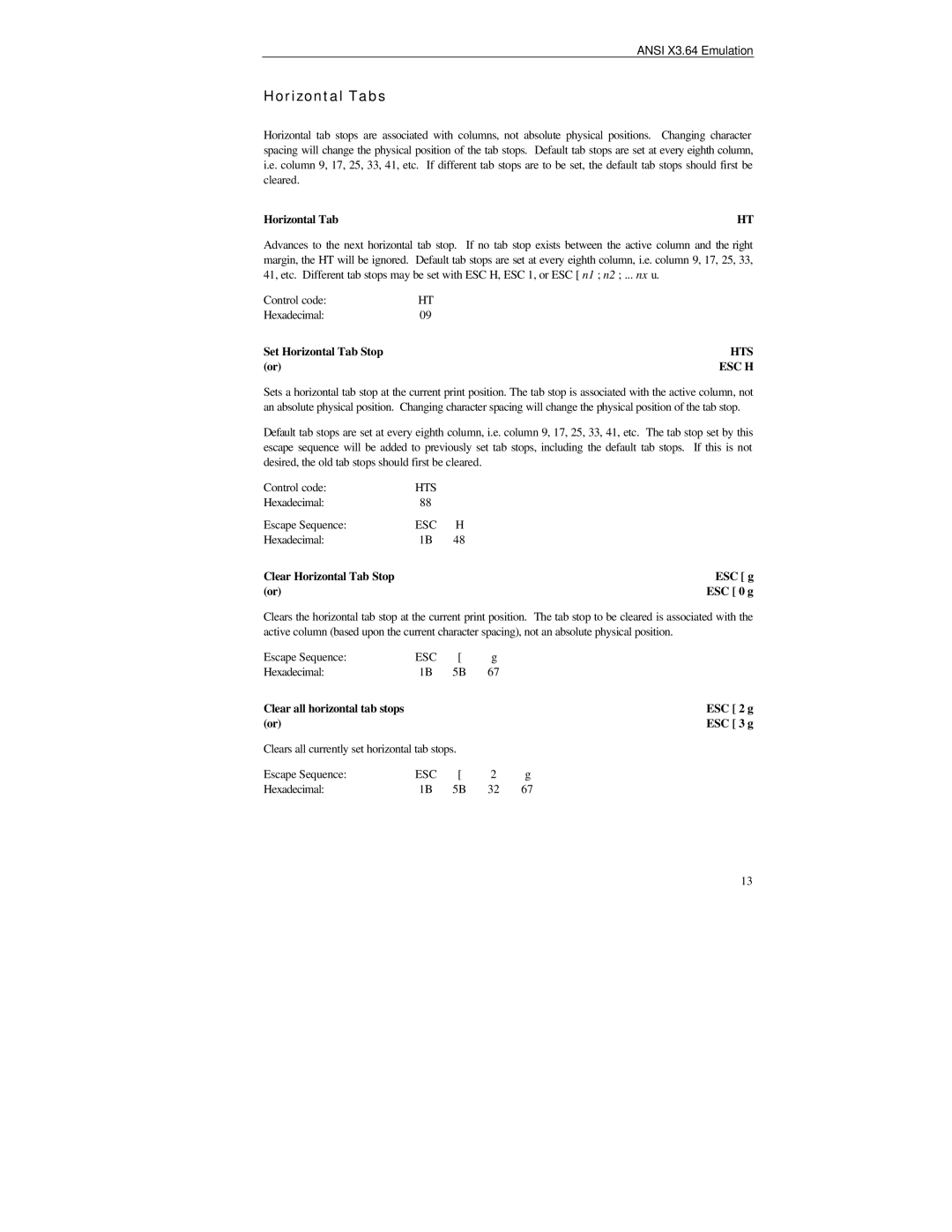 Printek FormsPro 4000se Series manual Horizontal Tabs, Set Horizontal Tab Stop, Clear Horizontal Tab Stop ESC g ESC 0 g 