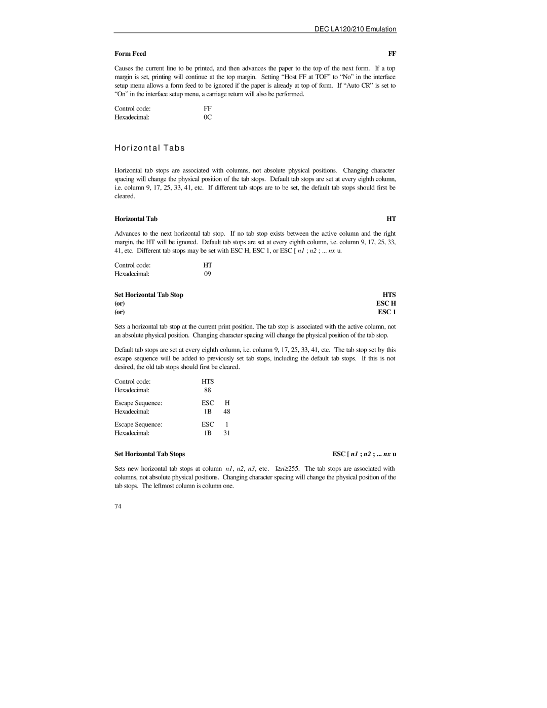 Printek FormsMaster 8000se Series, PrintMaster 850 Series manual Control code Hexadecimal Set Horizontal Tab Stop, Hts 