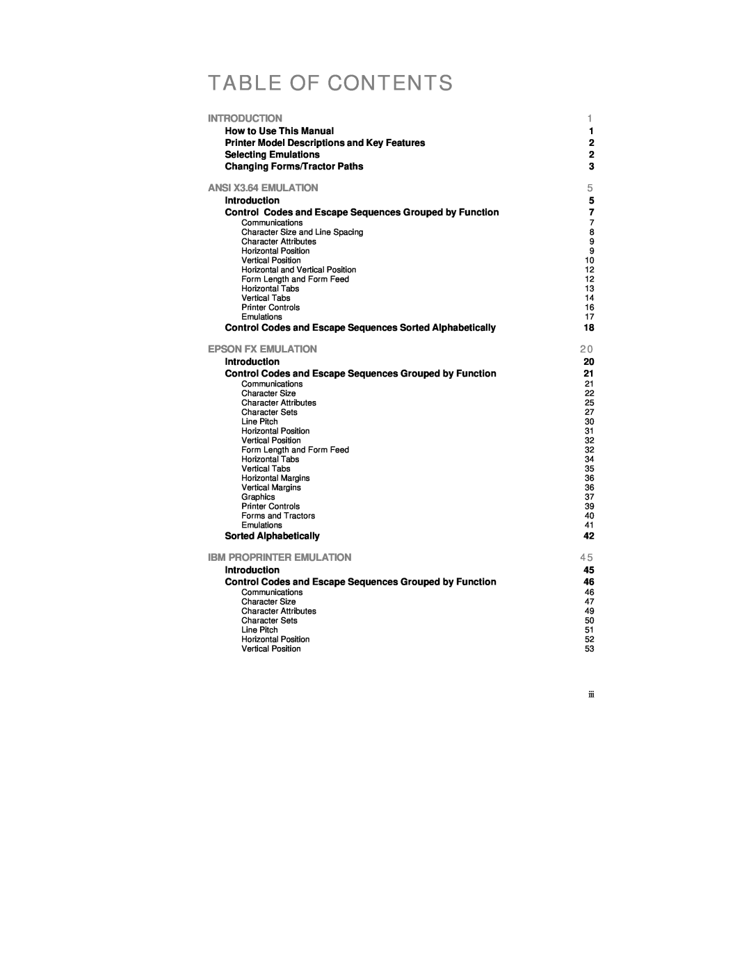 Printek PrintMaster 850 Series manual Table Of Contents, Introduction, ANSI X3.64 EMULATION, Epson Fx Emulation 