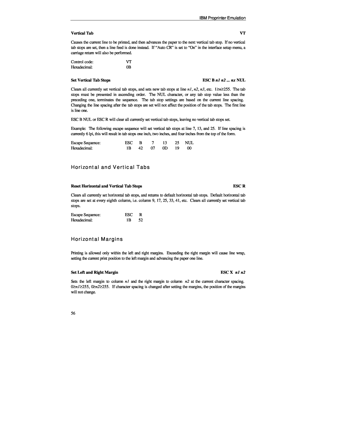 Printek FormsMaster 8000se Series manual Horizontal and Vertical Tabs, Horizontal Margins, Set Vertical Tab Stops, Esc R 