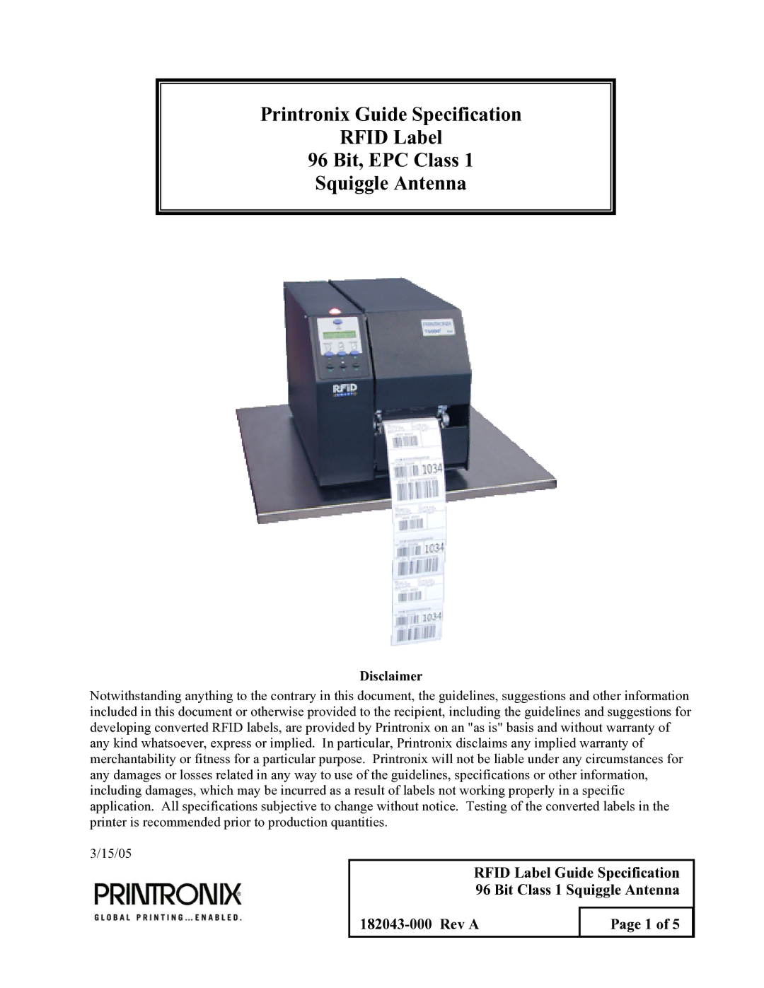 Printronix 182043 warranty Disclaimer 