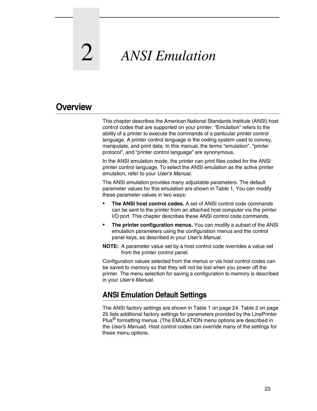 Printronix ANSI Printer manual Overview, Ansi Emulation Default Settings 