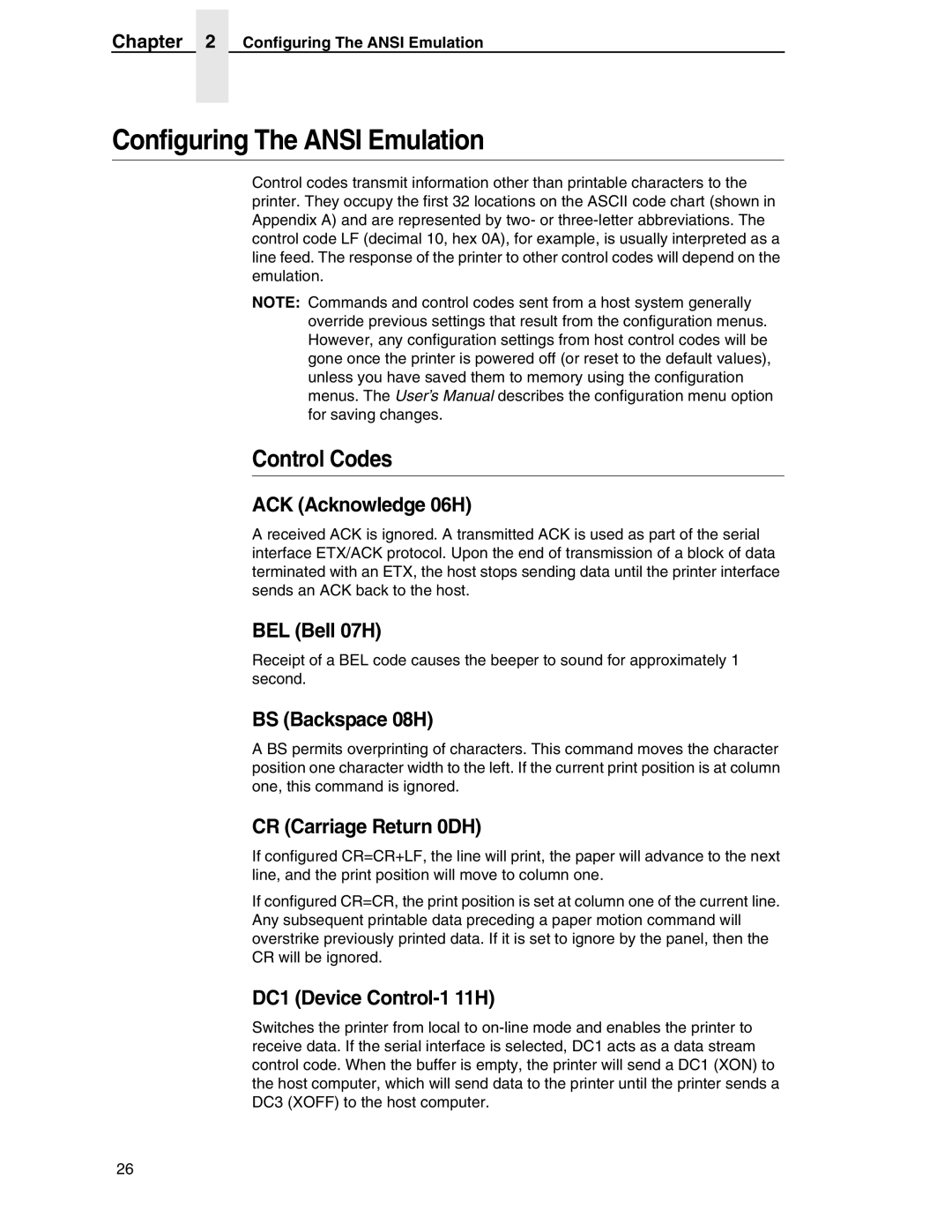 Printronix ANSI Printer manual Configuring The Ansi Emulation, Control Codes 