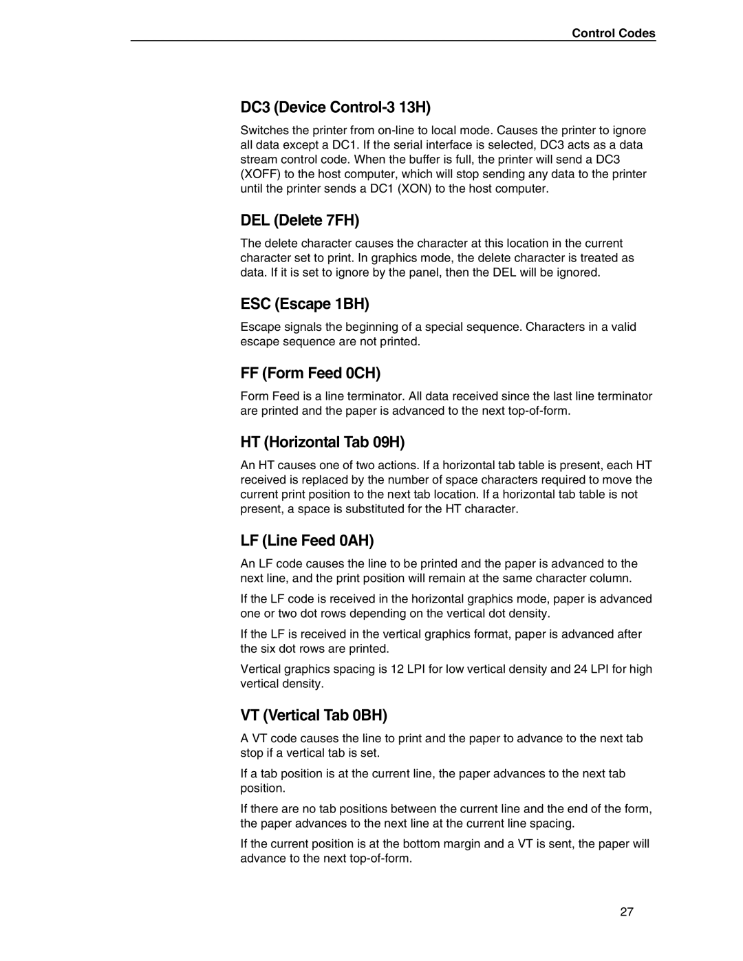 Printronix ANSI Printer manual DC3 Device Control-3 13H, Control Codes 