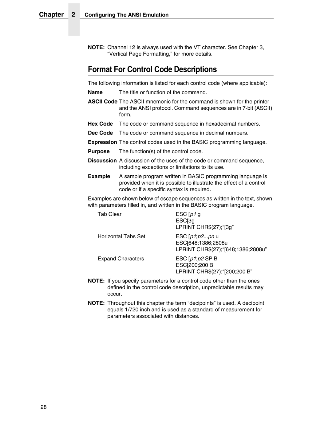 Printronix ANSI Printer manual Format For Control Code Descriptions 