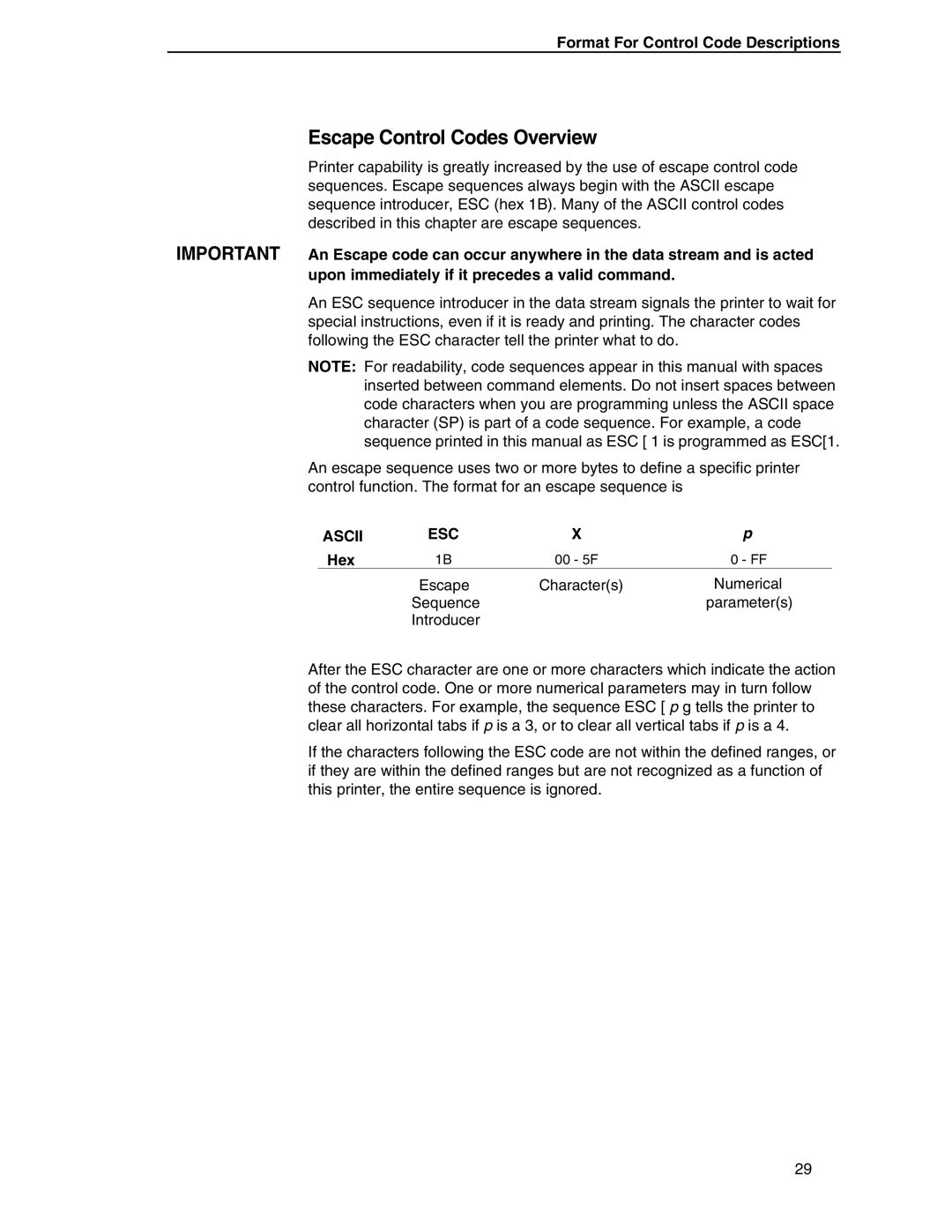 Printronix ANSI Printer manual Escape Control Codes Overview, Format For Control Code Descriptions 