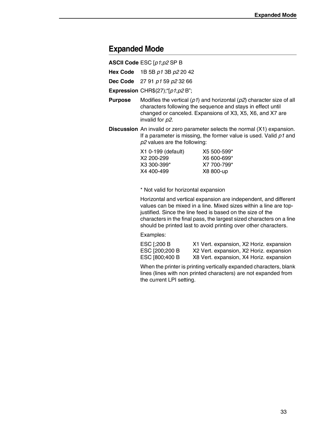Printronix ANSI Printer manual Expanded Mode, Ascii Code ESC p1p2 SP B 