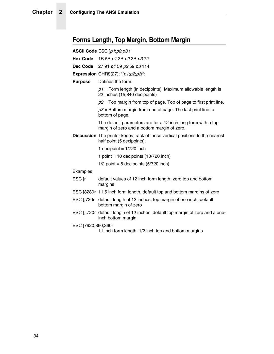 Printronix ANSI Printer manual Forms Length, Top Margin, Bottom Margin, Ascii Code ESC p1p2p3 r 